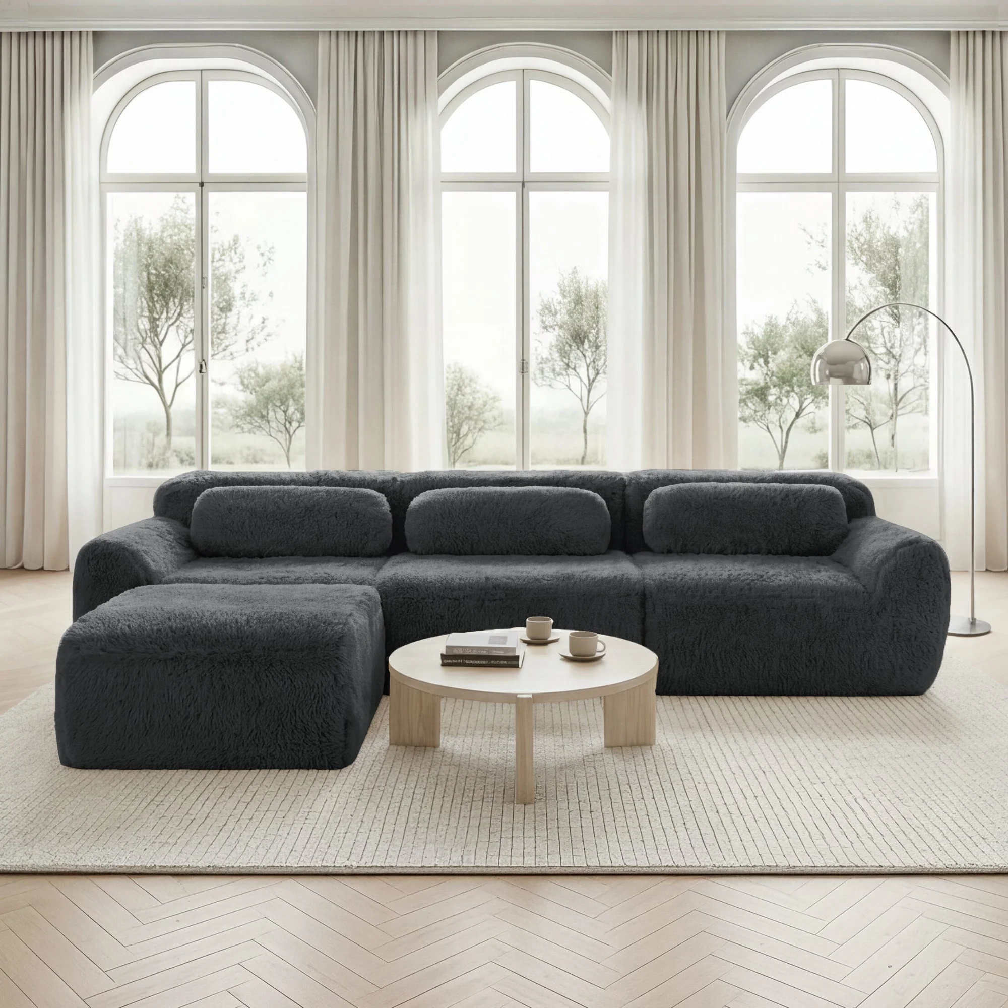 L-shaped Modular Sofa Frameless Deep No Assembly - Plush Fabric Grey - Image 2