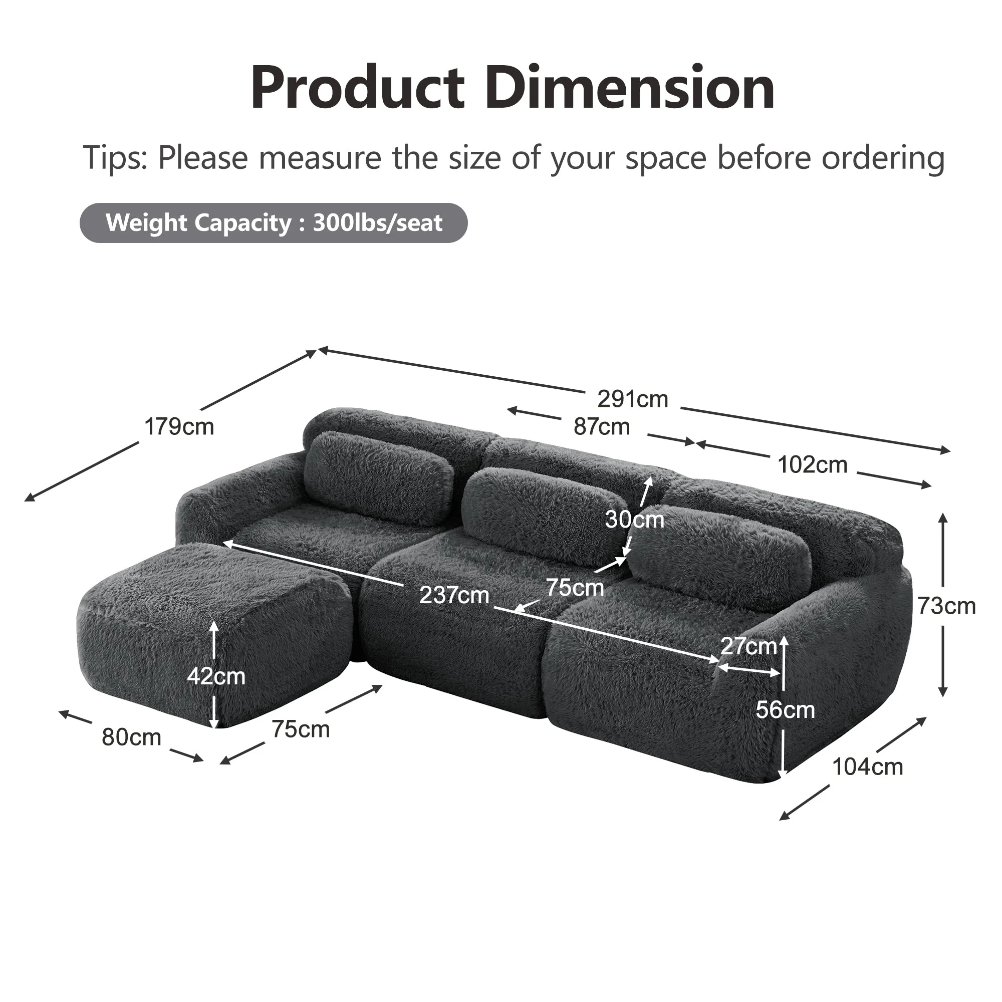 L-shaped Modular Sofa Frameless Deep No Assembly - Plush Fabric Grey - Image 7
