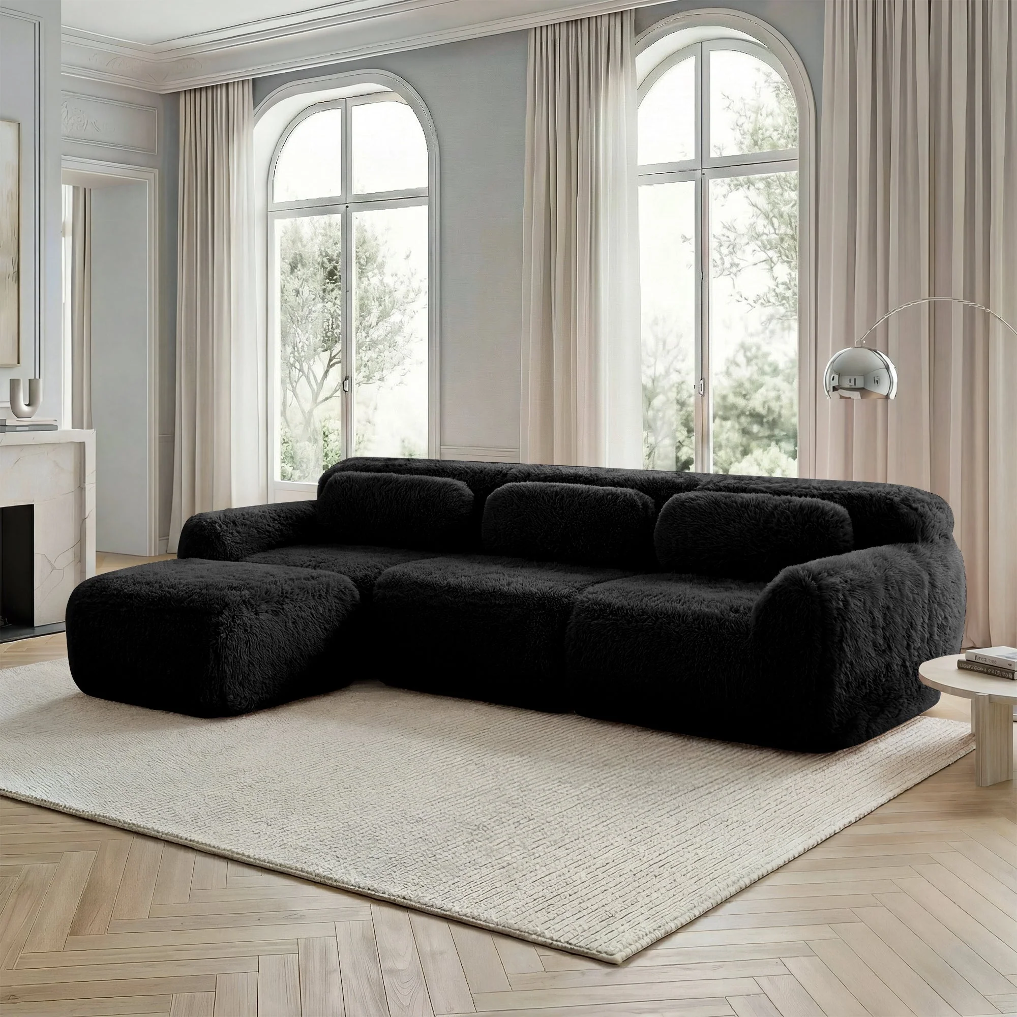 L-shaped Modular Sofa Frameless Deep Seating - Black Plush Fabric