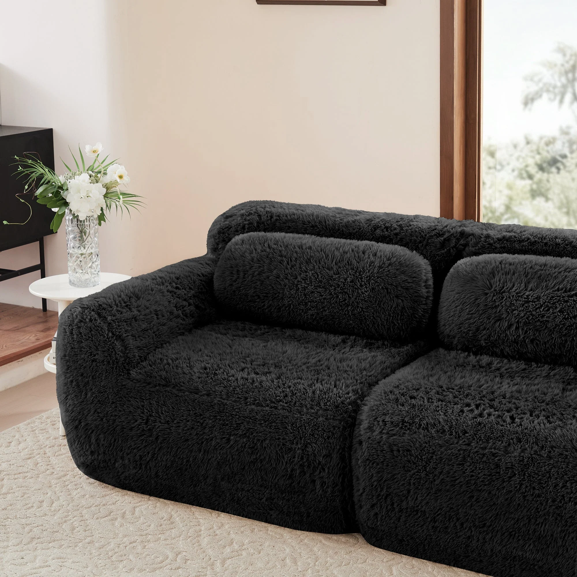 L-shaped Modular Sofa Frameless Deep Seating - Black Plush Fabric - Image 10