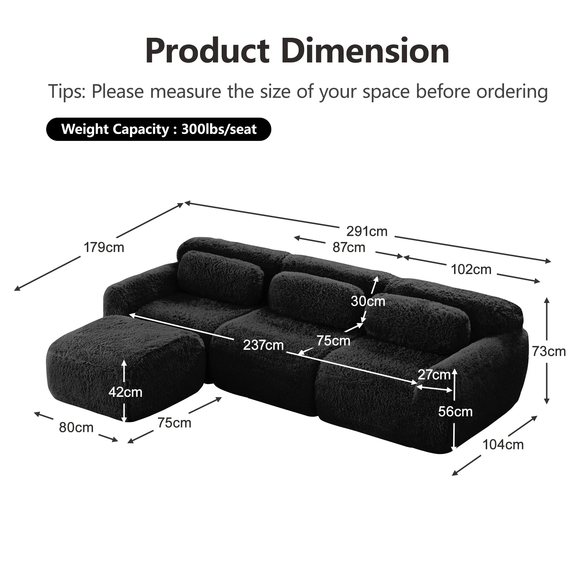L-shaped Modular Sofa Frameless Deep Seating - Black Plush Fabric - Image 7