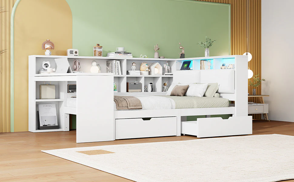 L-shaped Platform Bed 140x200 with Desk Bookshelf Upholstered Headboard Drawers LED Light White Wood - Image 6