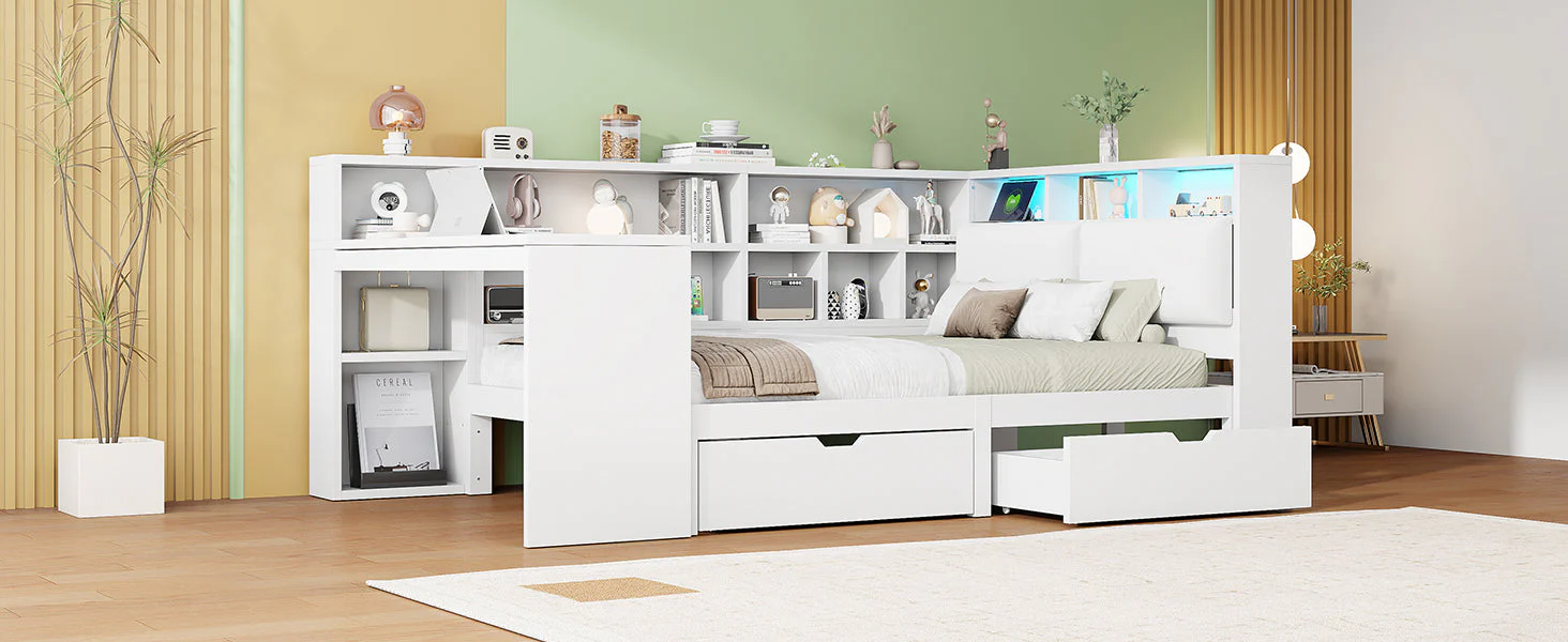 L-shaped Platform Bed 140x200 with Desk Bookshelf Upholstered Headboard Drawers LED Light White Wood - Image 8