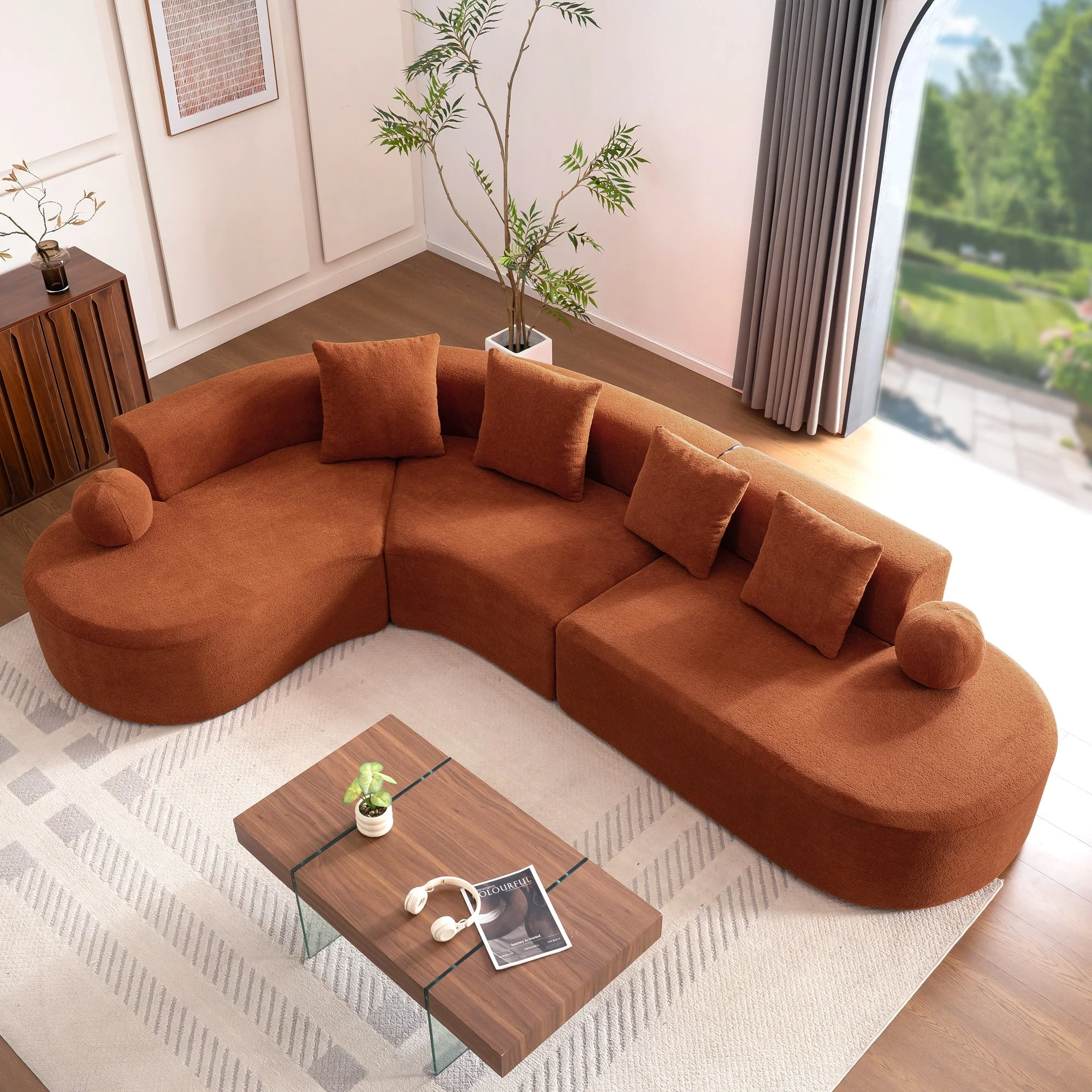 L-Shaped Sectional Cloud Sofa with Arched Design and Thick Padding, White Fabric
