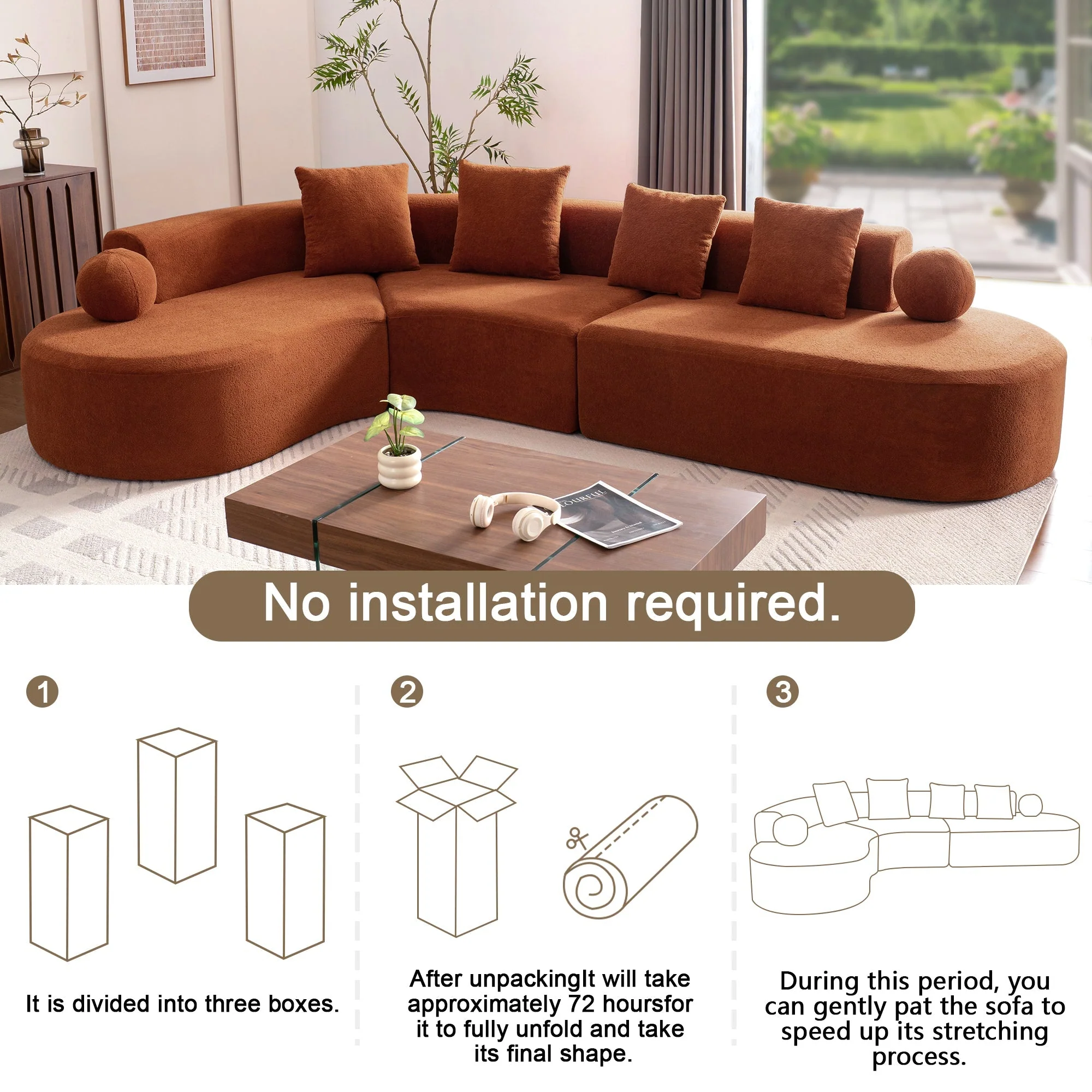 L-Shaped Sectional Cloud Sofa with Arched Design and Thick Padding, White Fabric - Image 3