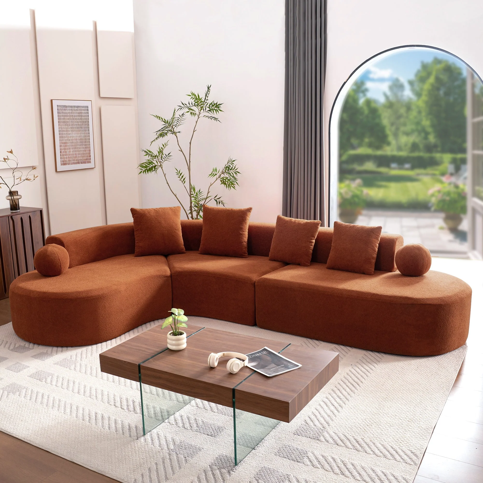L-Shaped Sectional Cloud Sofa with Arched Design and Thick Padding, White Fabric - Image 9