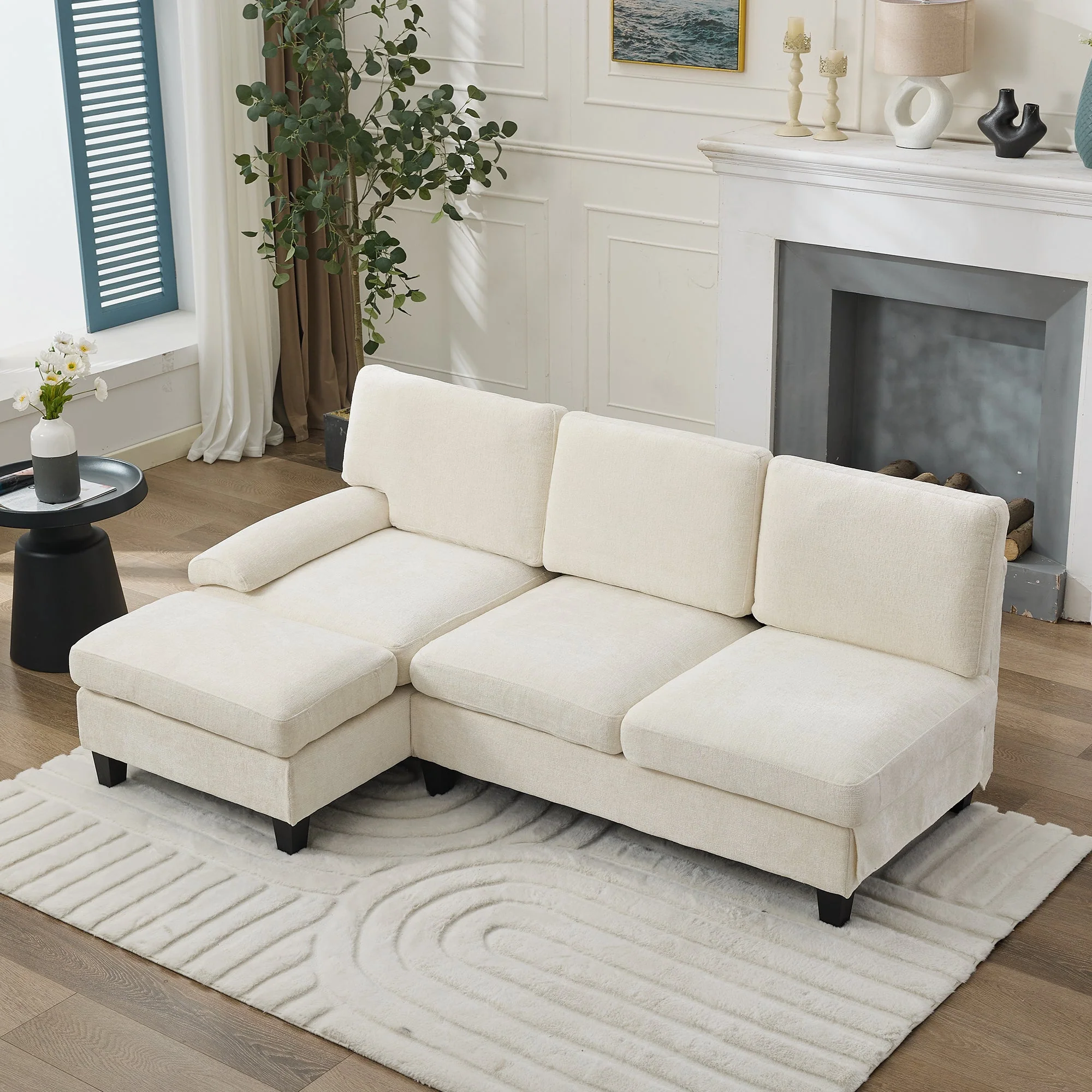 L-Shaped Sleeper Corner Sofa Upholstered 3-Seater Beige Linen - Image 7