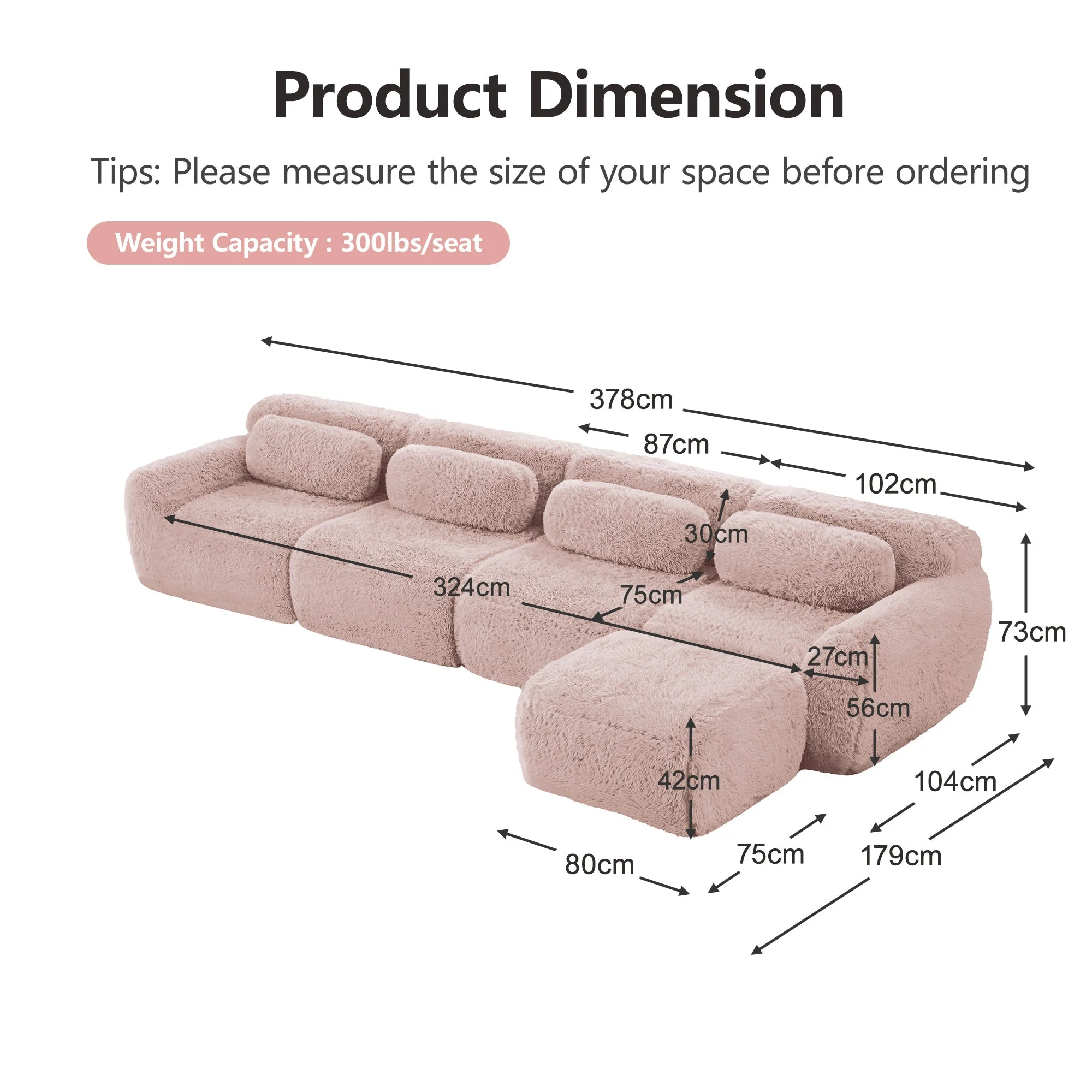 L-Shaped Sofa 4-Seater Modular Chaise Longue - Premium Plush Pink - Image 7