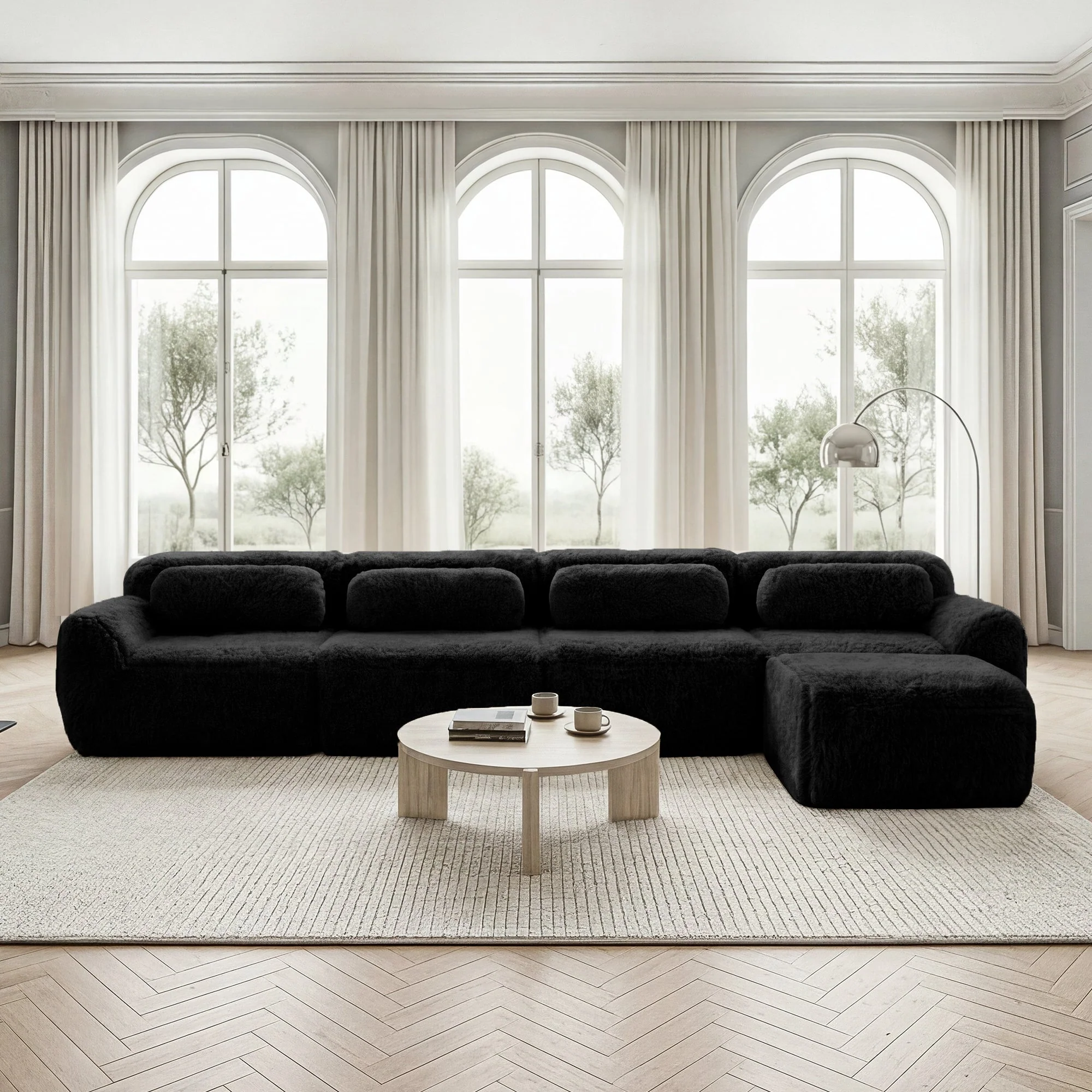 L-Shaped Sofa 4-Seater Modular Chaise No Assembly - Plush Fabric Black - Image 2