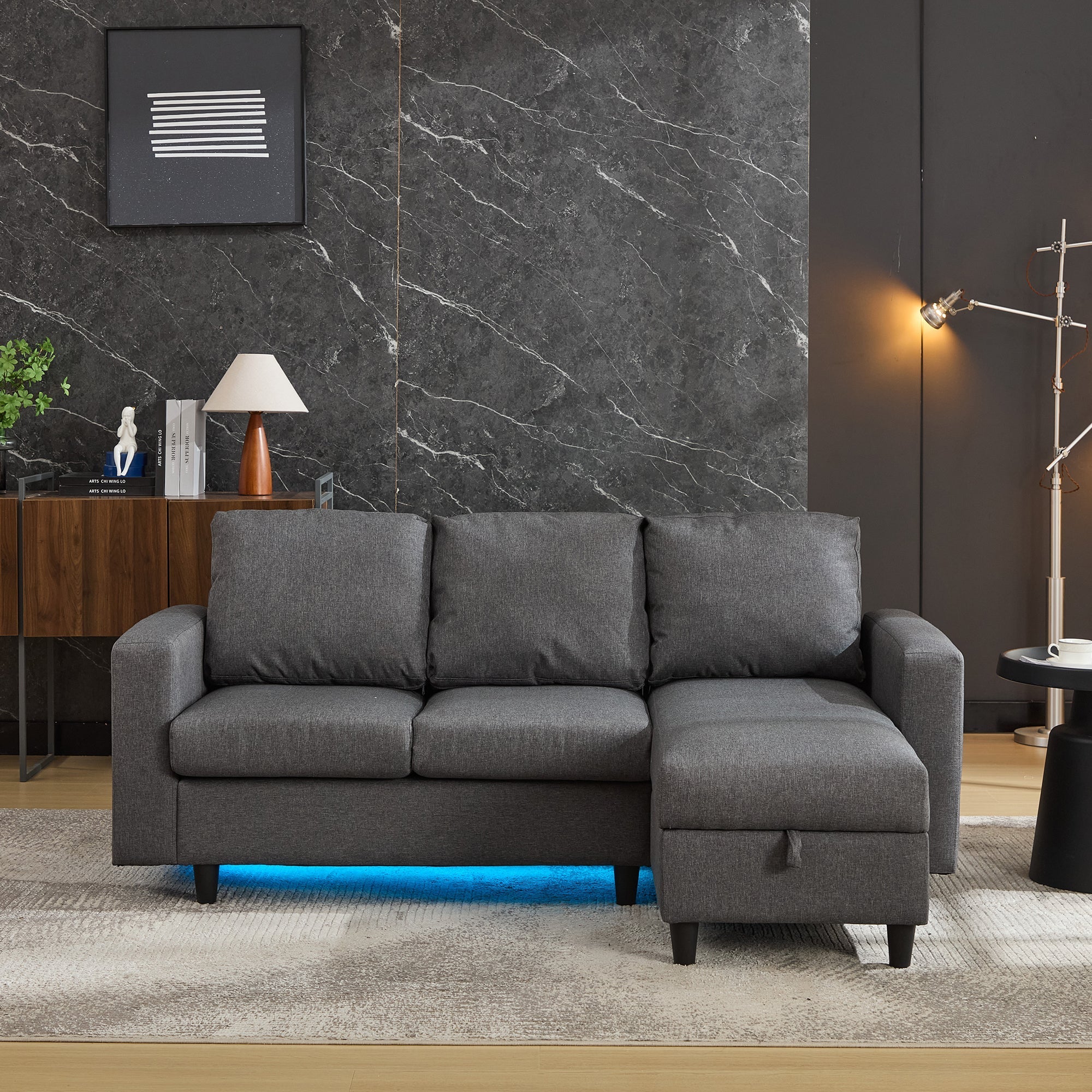 L-Shaped Sofa Bed, 3 Seater Convertible Sectional with Storage, USB & LED, Grey - Image 6
