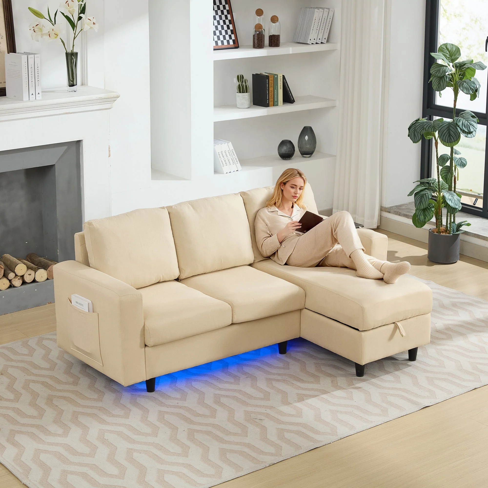 L-Shaped Sofa Bed, 3 Seater Sleeper with Storage, USB, and LED, Beige - Image 2