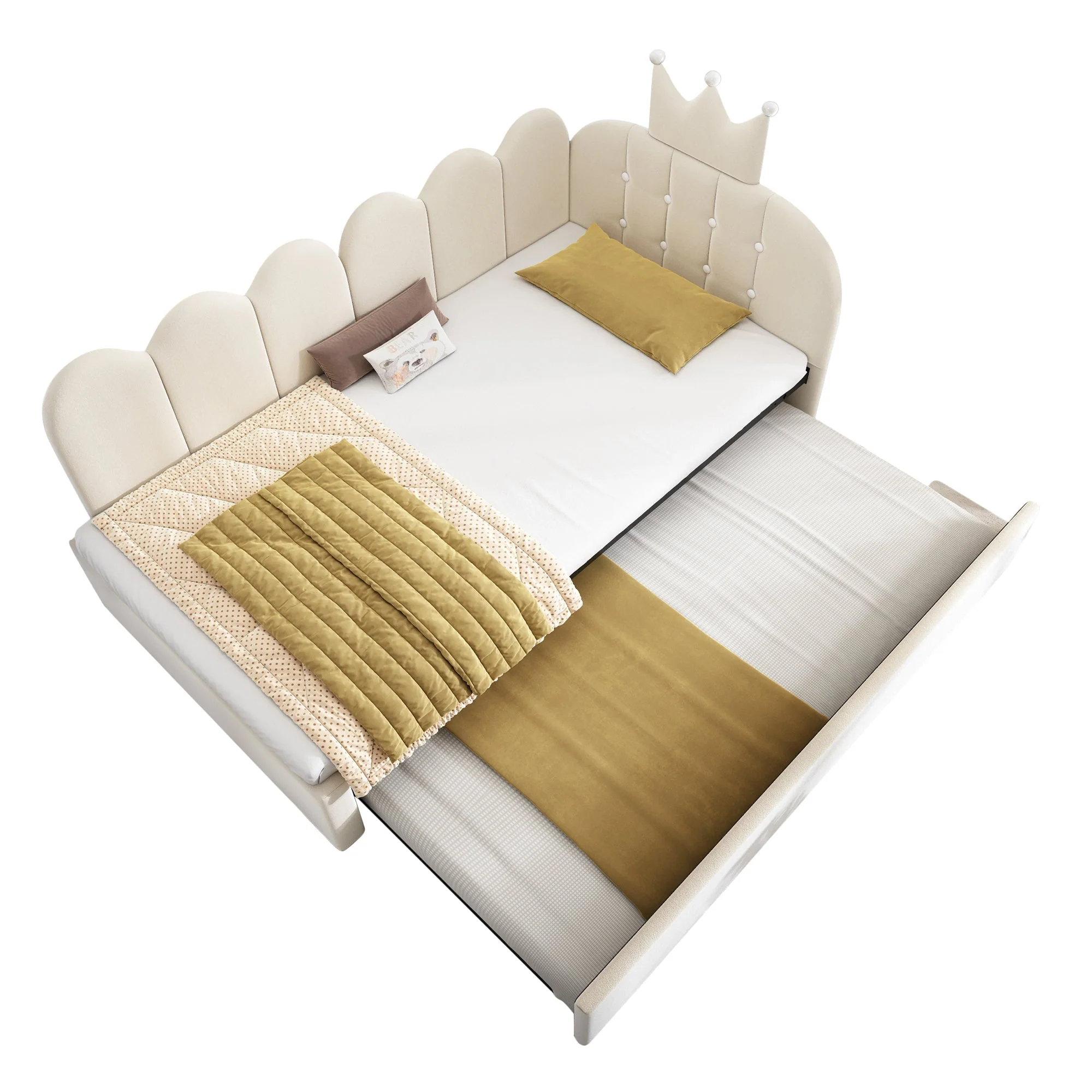 L-Shaped Sofa Bed with Pull-out Bed, Crown Lattice Design, 90x200cm, Beige Velvet - Image 3