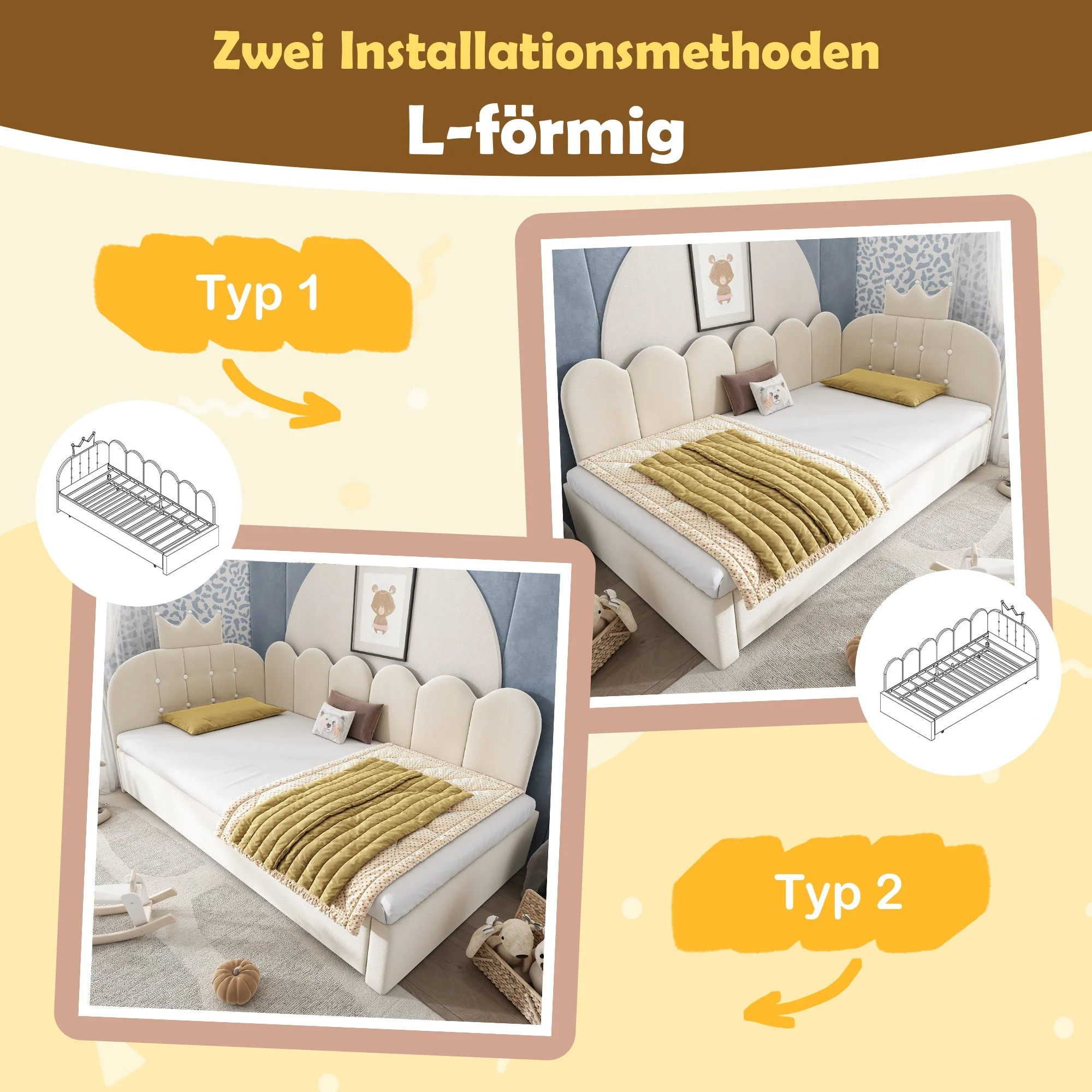 L-Shaped Sofa Bed with Pull-out Bed, Crown Lattice Design, 90x200cm, Beige Velvet - Image 5