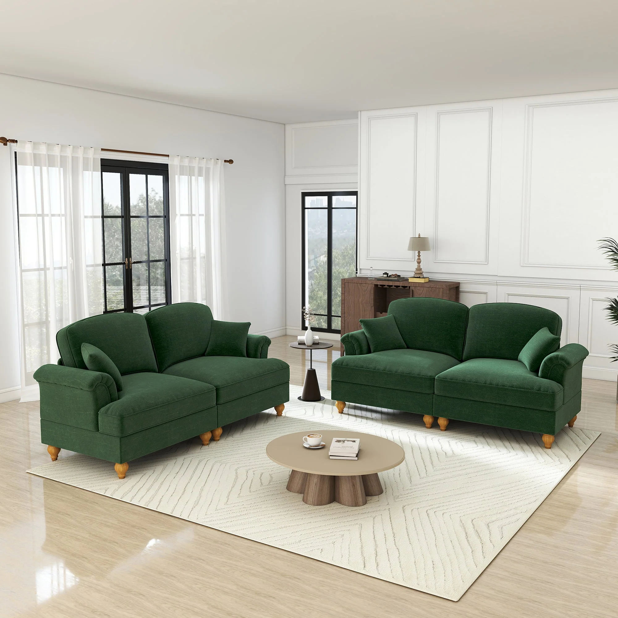L-Shaped Sofa Mid-Century 2-Seater Movable Ottoman - Green Chenille