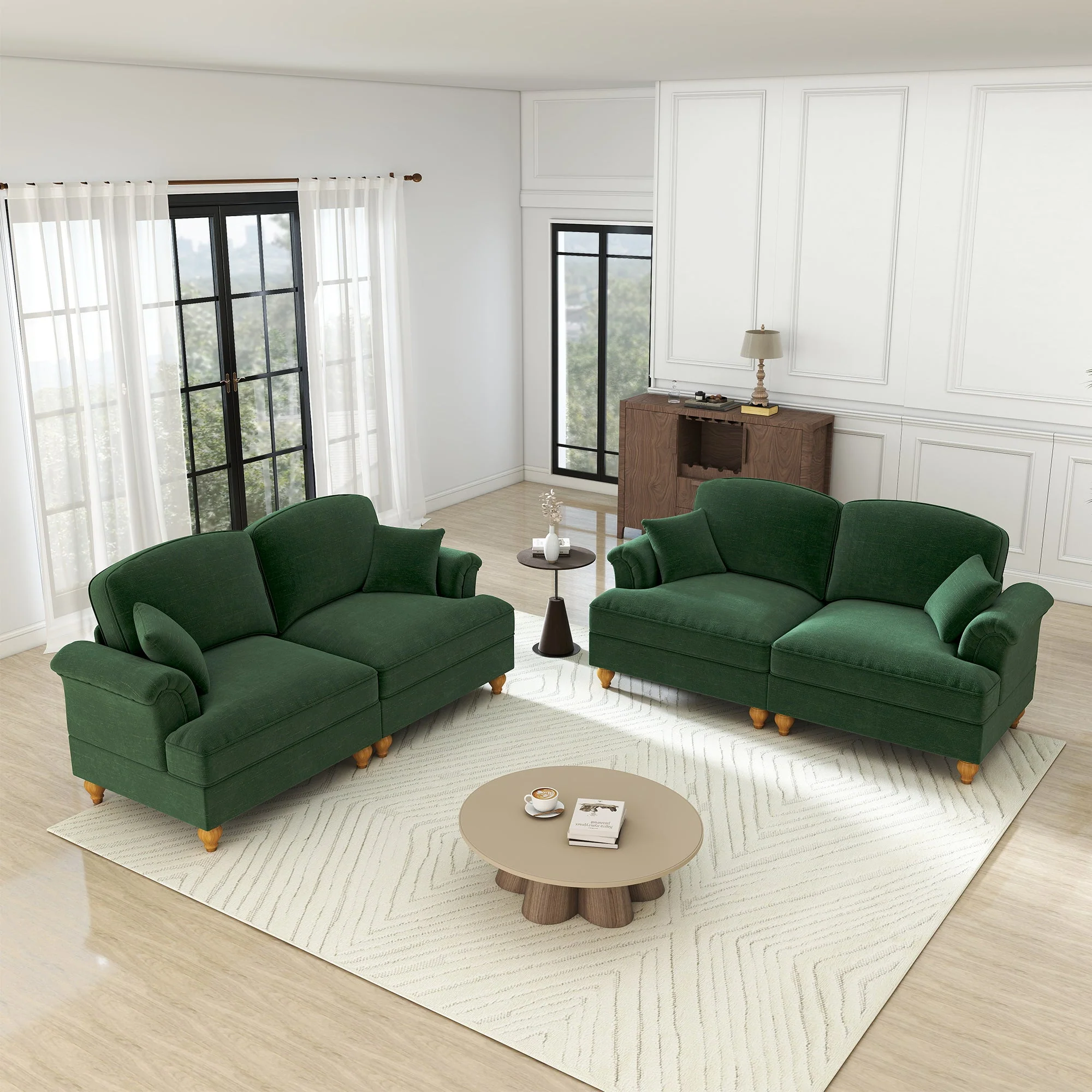 L-Shaped Sofa Mid-Century 2-Seater Movable Ottoman - Green Chenille - Image 3