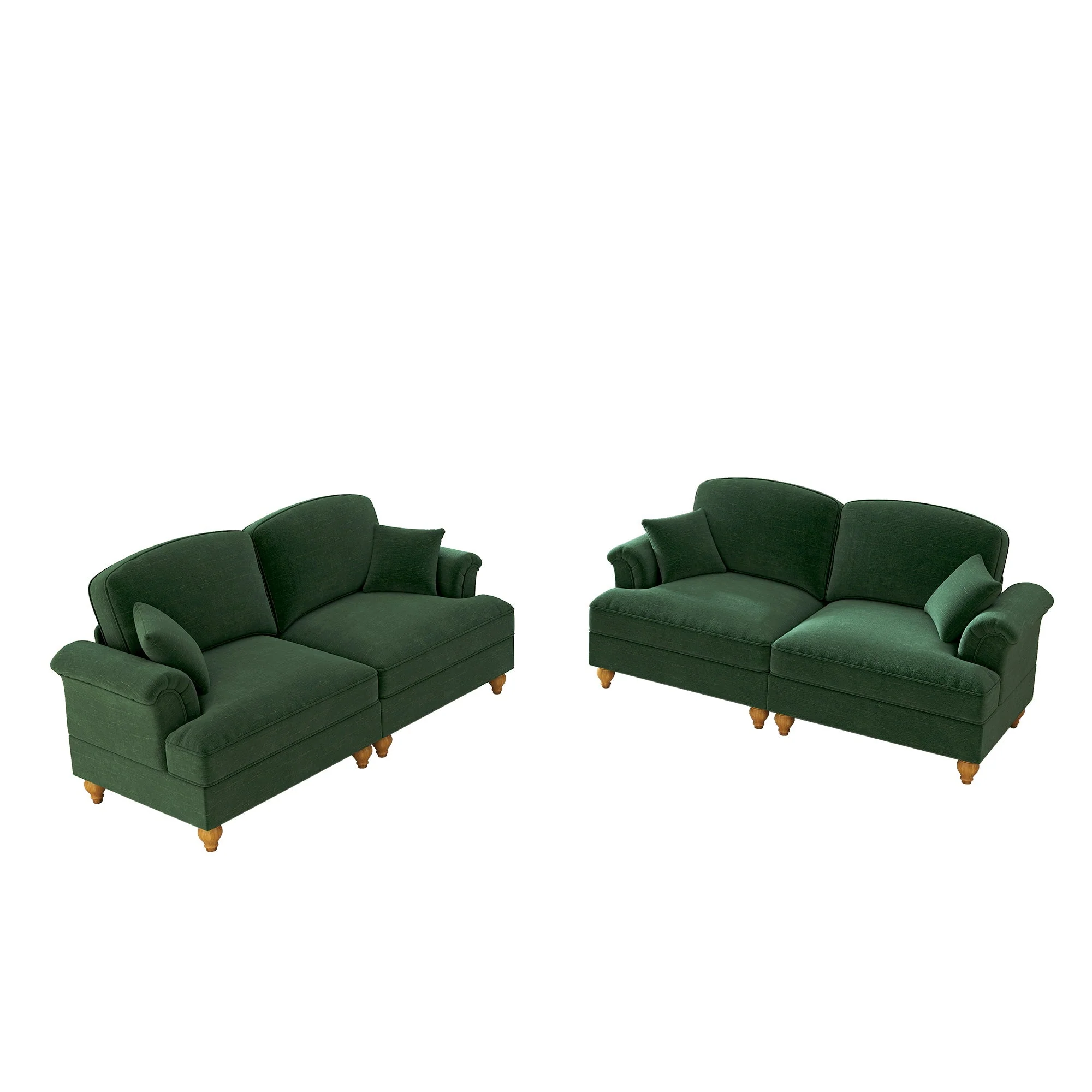 L-Shaped Sofa Mid-Century 2-Seater Movable Ottoman - Green Chenille - Image 8