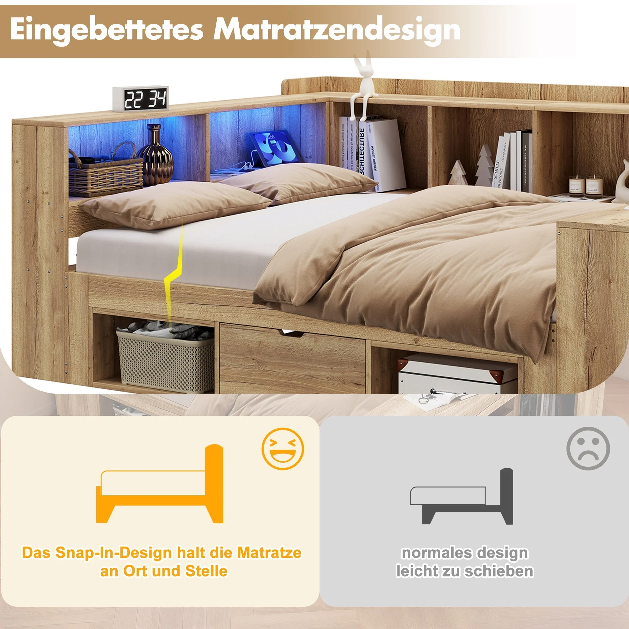 L-shaped Storage Platform Bed with Desk, LED, USB and Drawers, 140x200cm, Natural Wood - Image 7