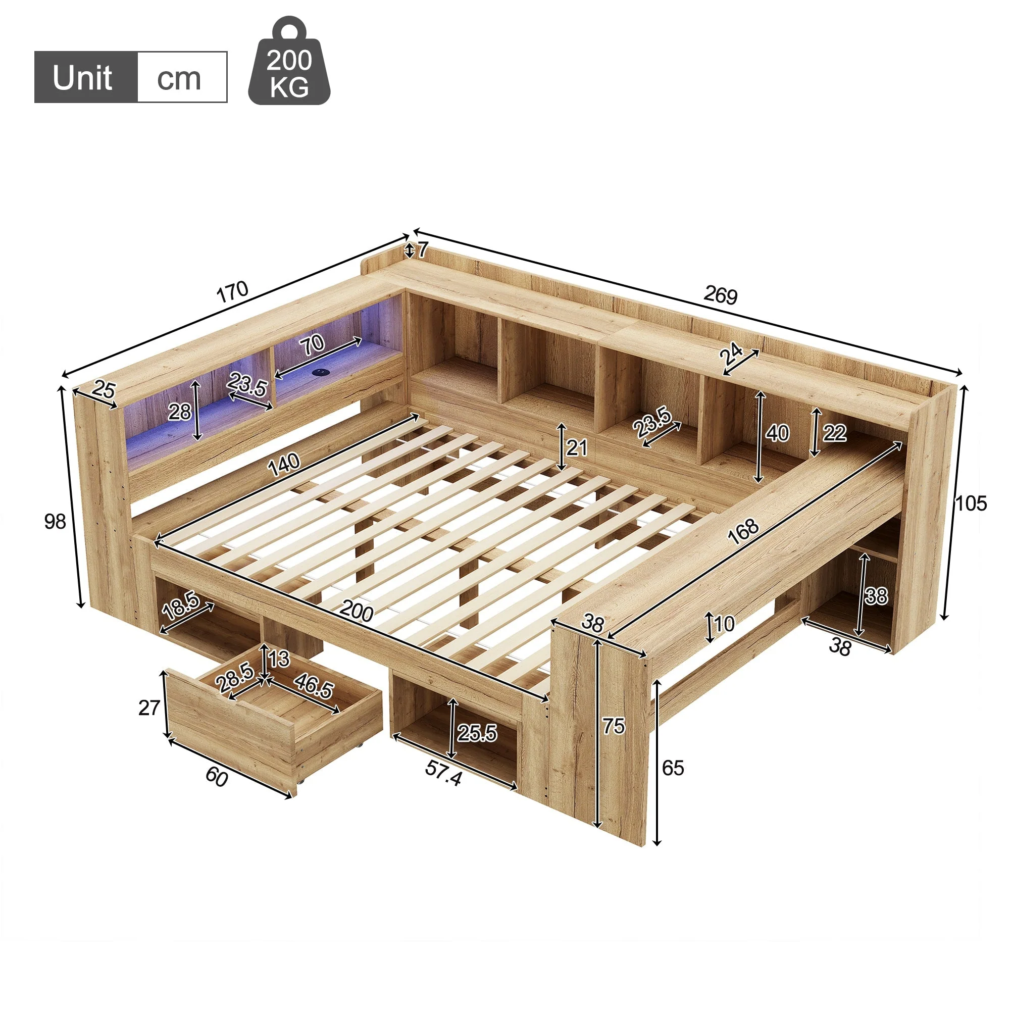 L-shaped Storage Platform Bed with Desk, LED, USB and Drawers, 140x200cm, Natural Wood - Image 8