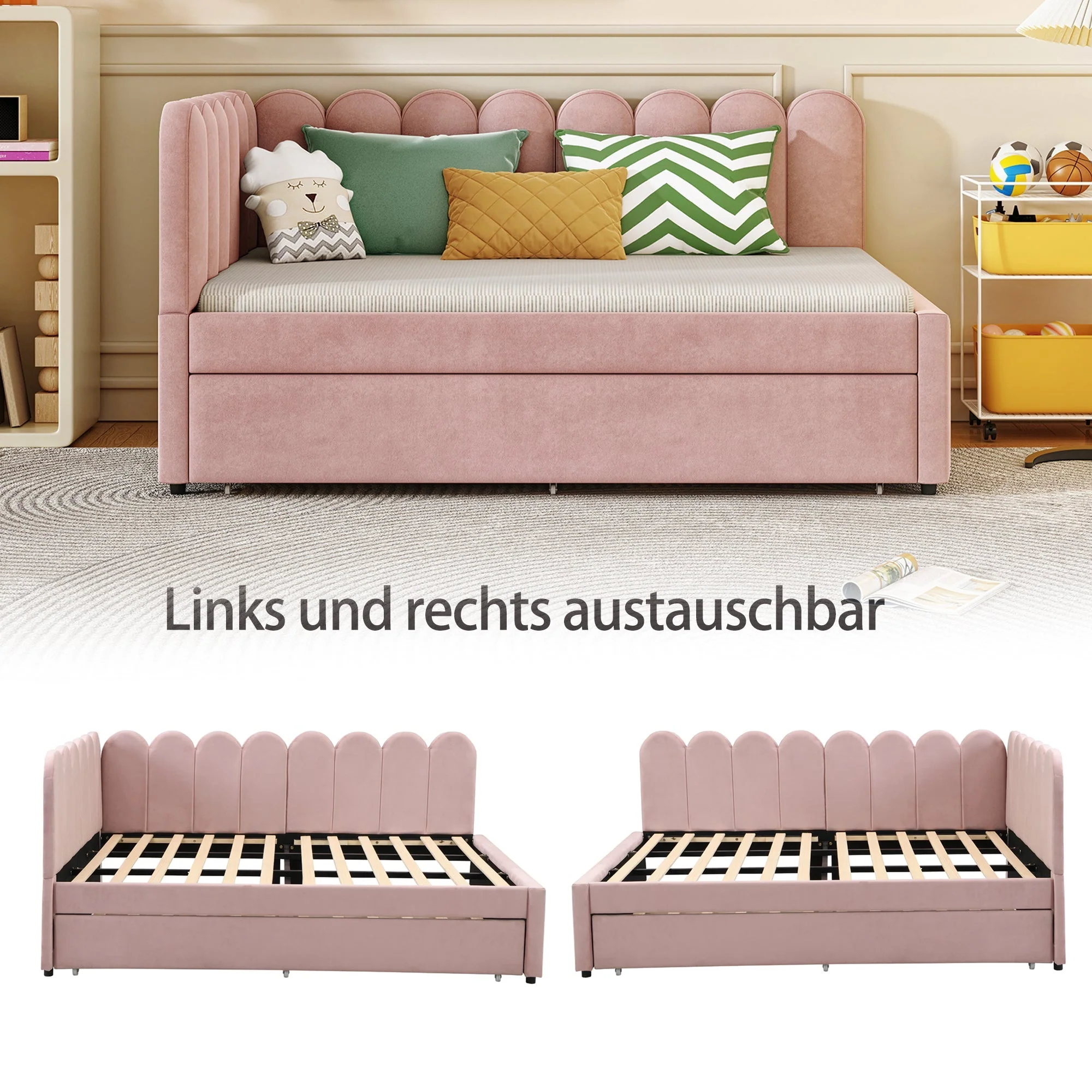 L-shaped Upholstered Bed, Sofa Bed 140x200cm with Pull-Out Bed, Pink Velvet - Image 8