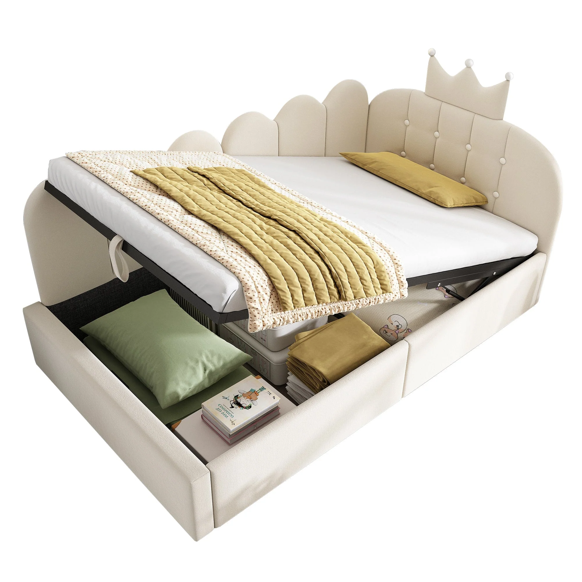 L-Shaped Upholstered Daybed with Hydraulic Storage and Crown-Lattice Design, 90x190cm, Beige Velvet - Image 9
