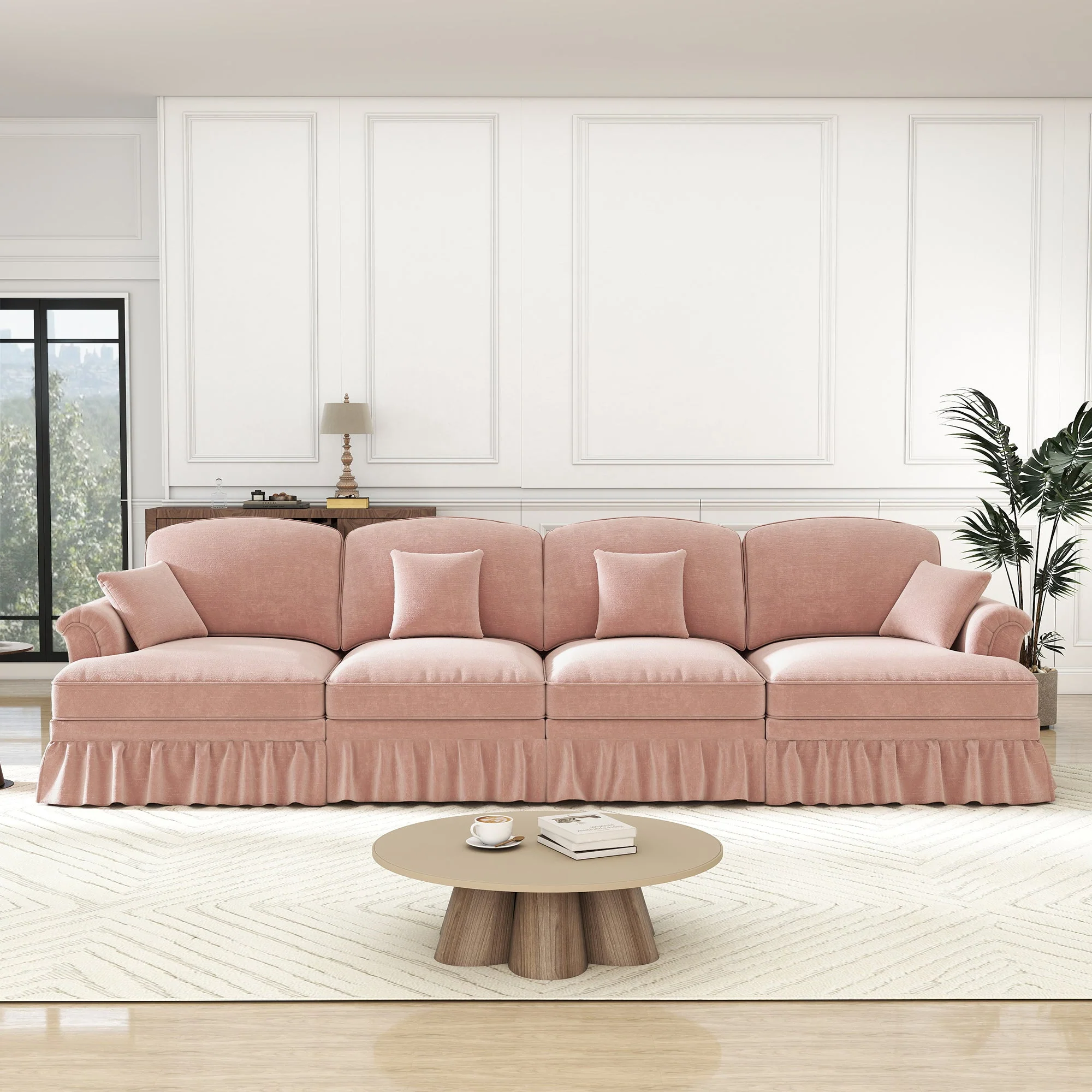 Large 4-Seater Sofa Mid-Century Style Spindle Legs Chenille Pink - Image 4