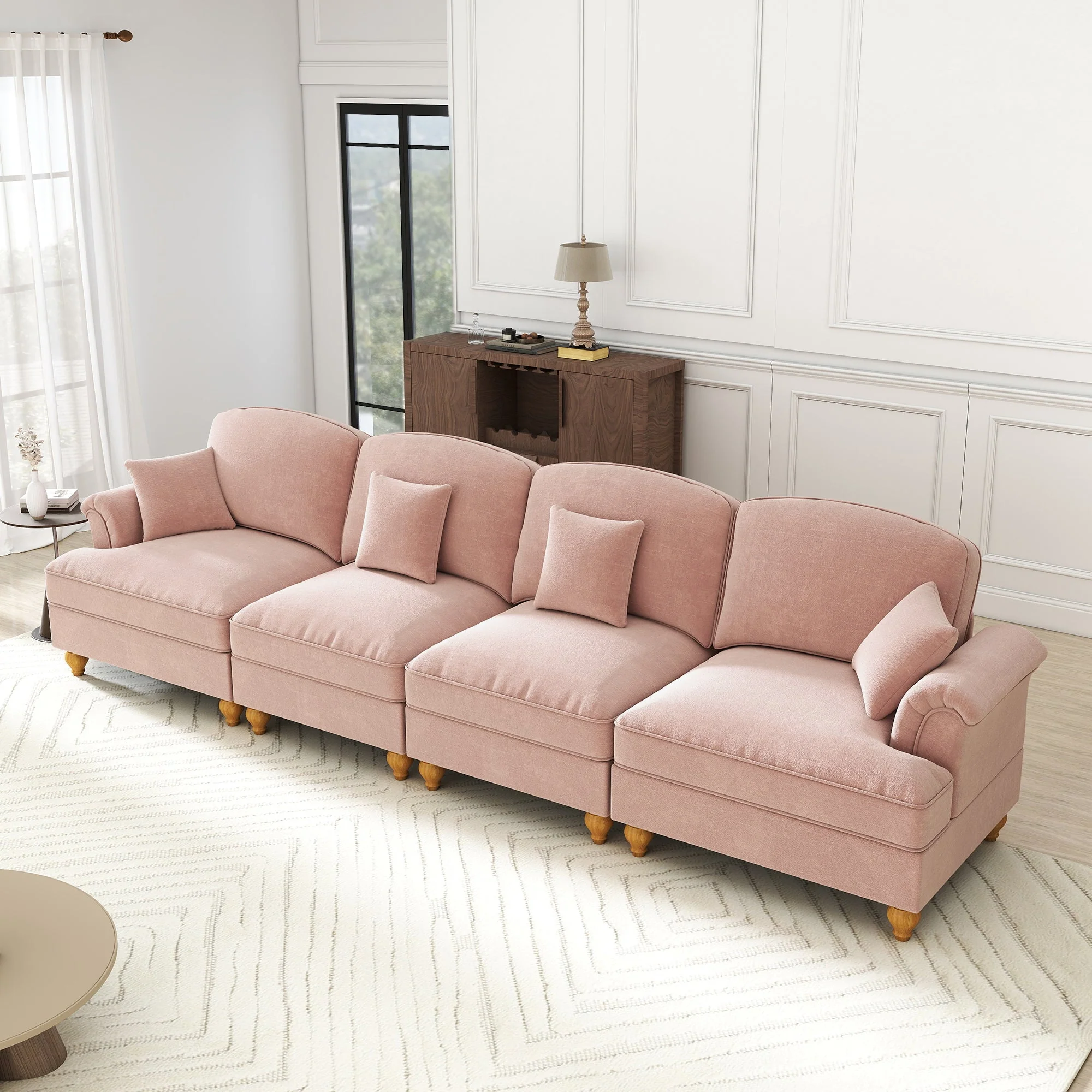 Large 4-Seater Sofa Mid-Century Style Spindle Legs Chenille Pink - Image 5