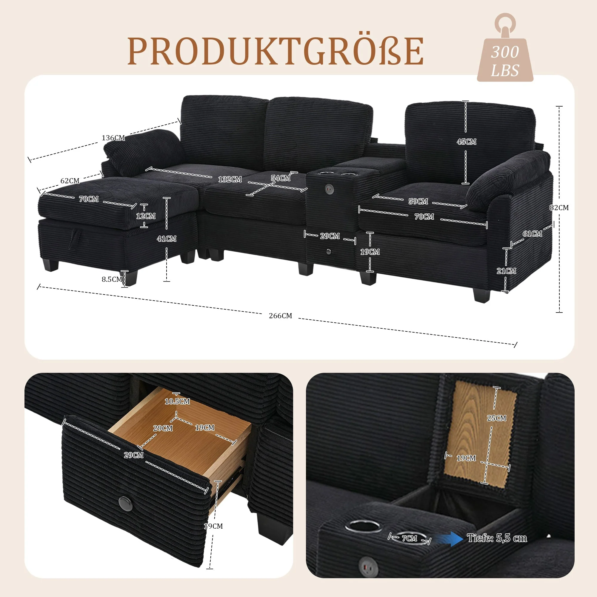 Large Sofa Removable Console USB-C Storage Ottoman - Corduroy - Image 2