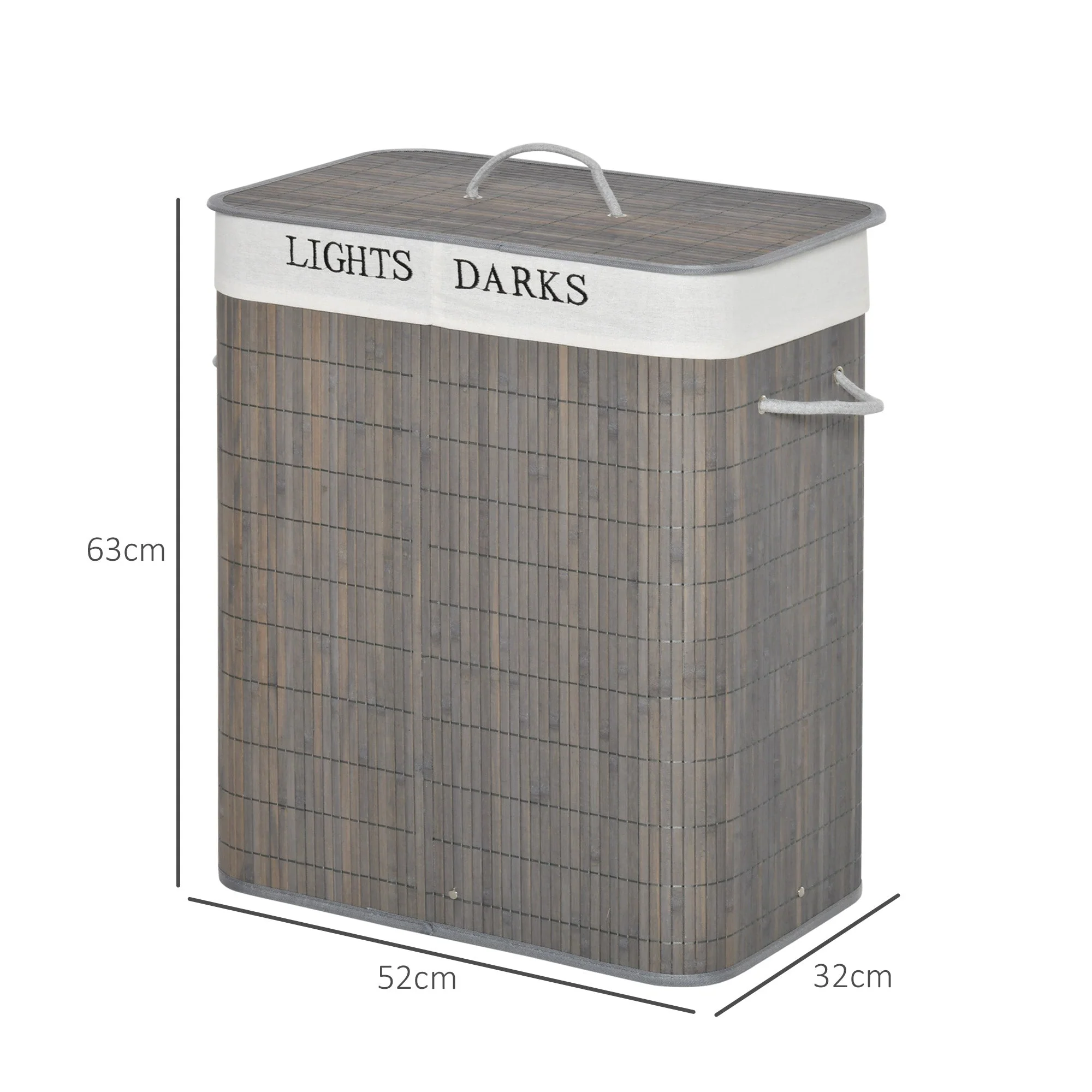 Laundry Basket 100L 2 Compartments Foldable Bamboo, Grey - Image 3