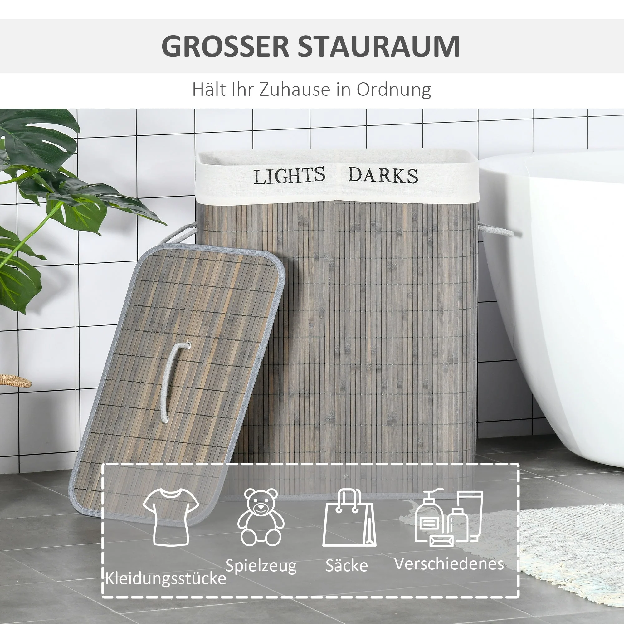 Laundry Basket 100L 2 Compartments Foldable Bamboo, Grey - Image 4