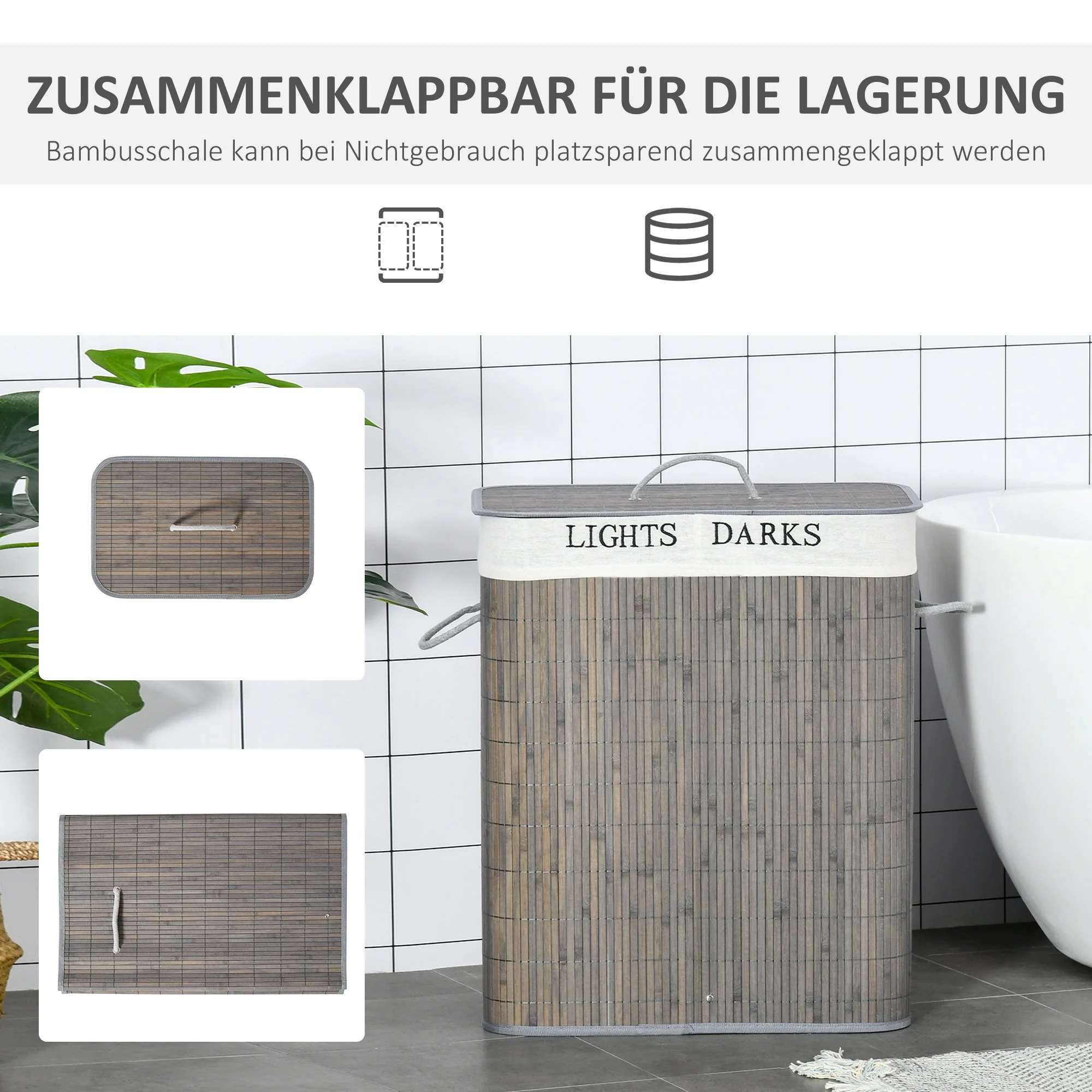 Laundry Basket 100L 2 Compartments Foldable Bamboo, Grey - Image 5