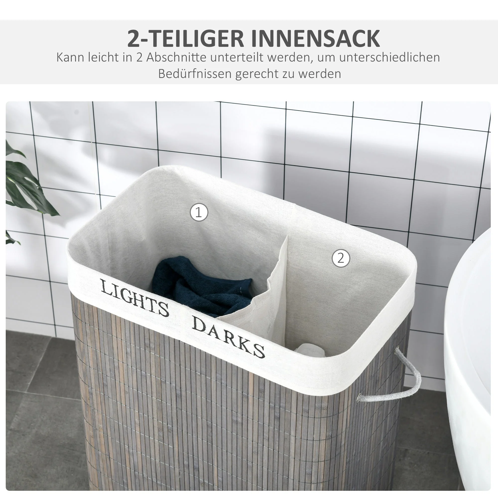 Laundry Basket 100L 2 Compartments Foldable Bamboo, Grey - Image 6
