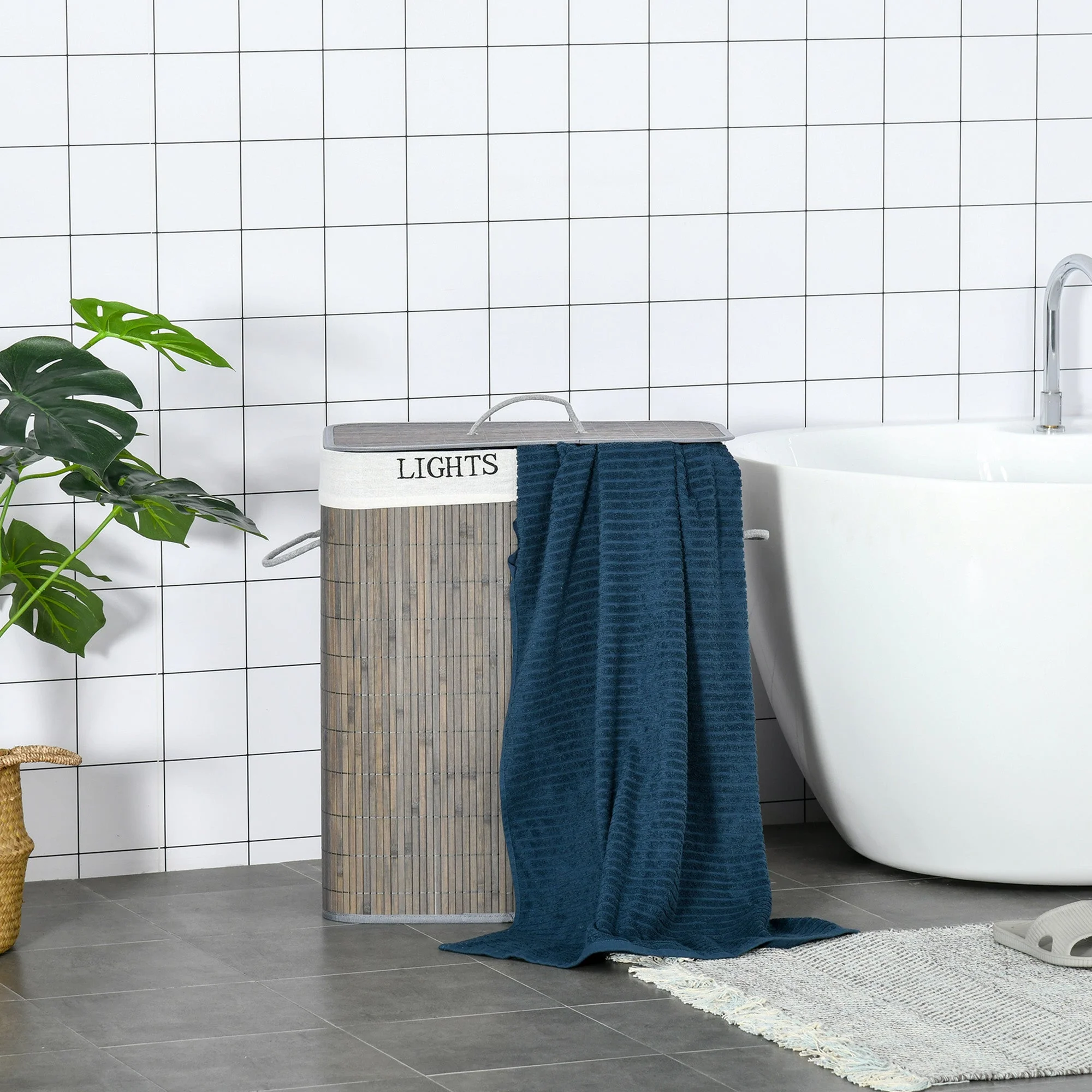 Laundry Basket 100L 2 Compartments Foldable Bamboo, Grey - Image 7