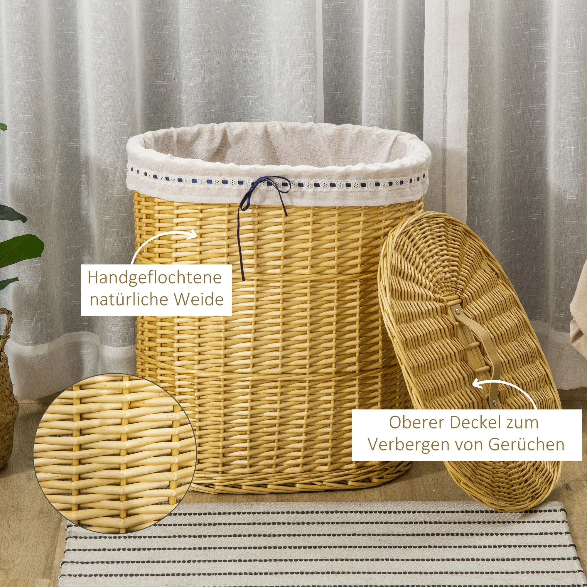 Laundry Basket 100L, with Lid, Wicker, Natural - Image 6