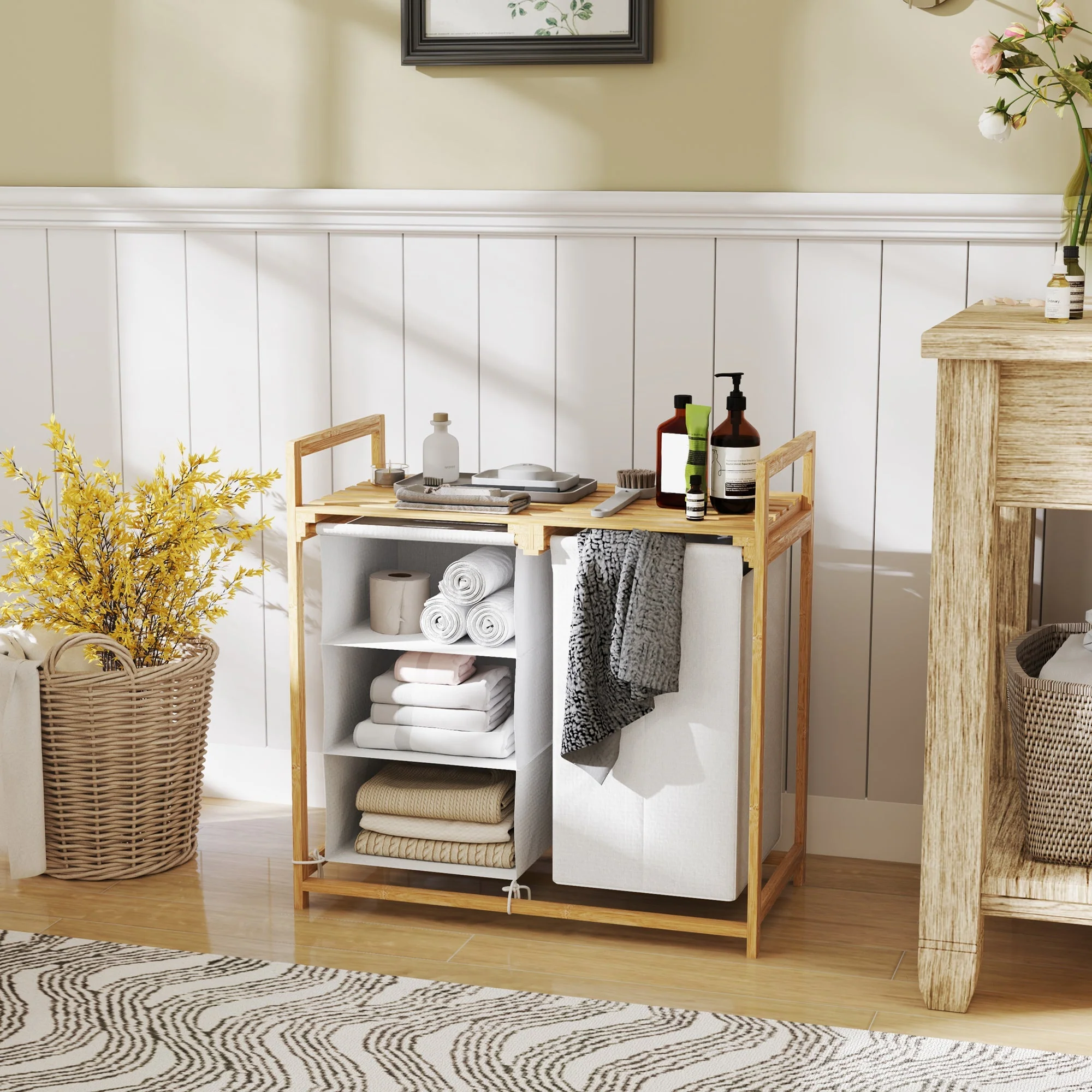 Laundry Basket 4 Compartments, Extendable Bags, 83L, Bamboo White