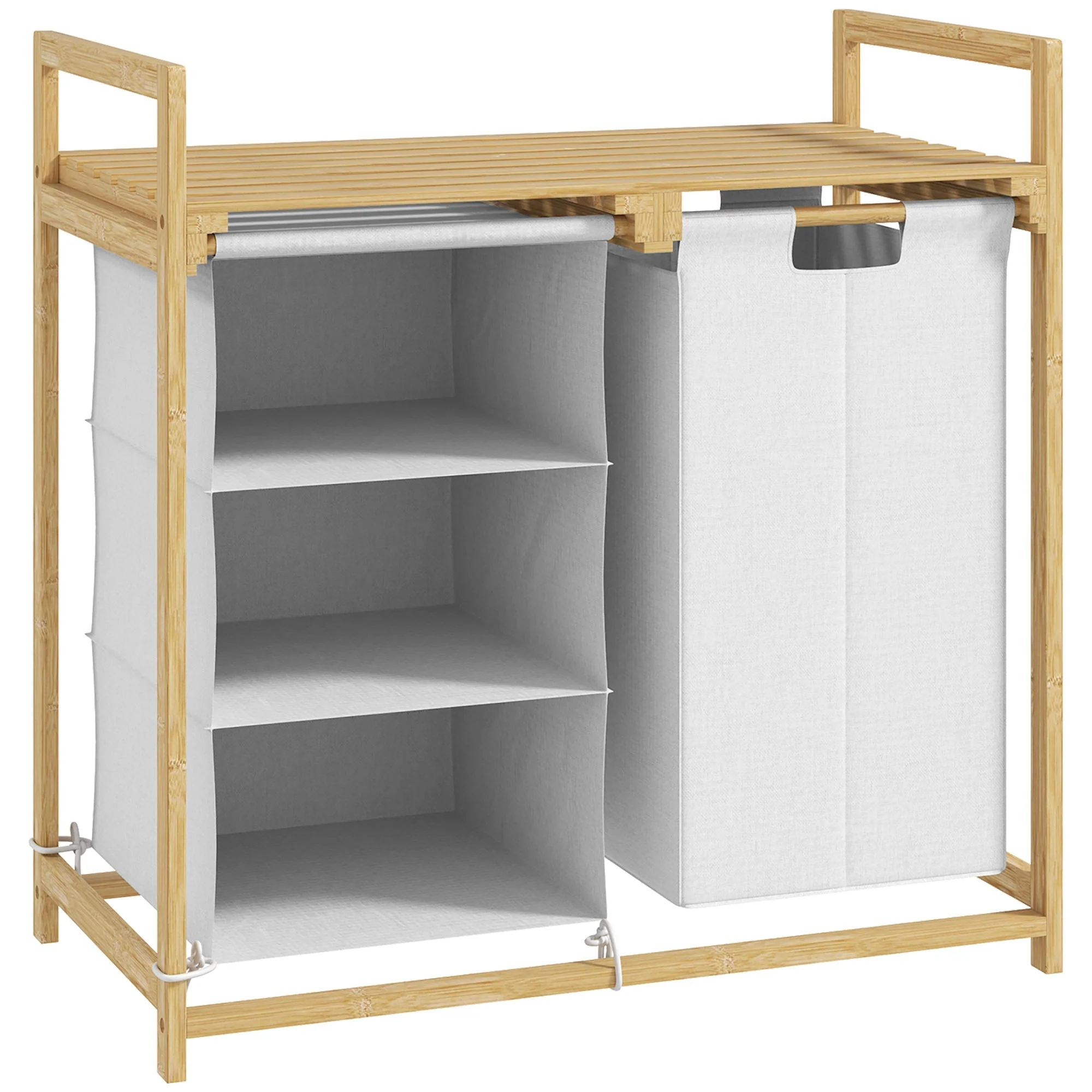 Laundry Basket 4 Compartments, Extendable Bags, 83L, Bamboo White - Image 2