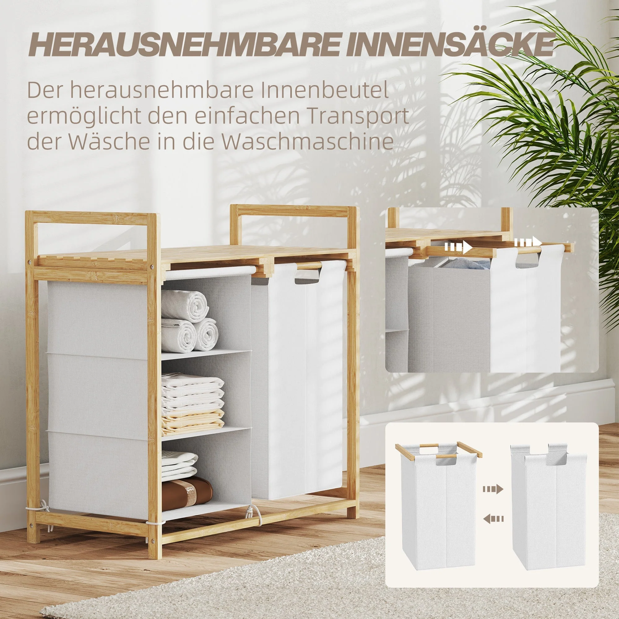 Laundry Basket 4 Compartments, Extendable Bags, 83L, Bamboo White - Image 5