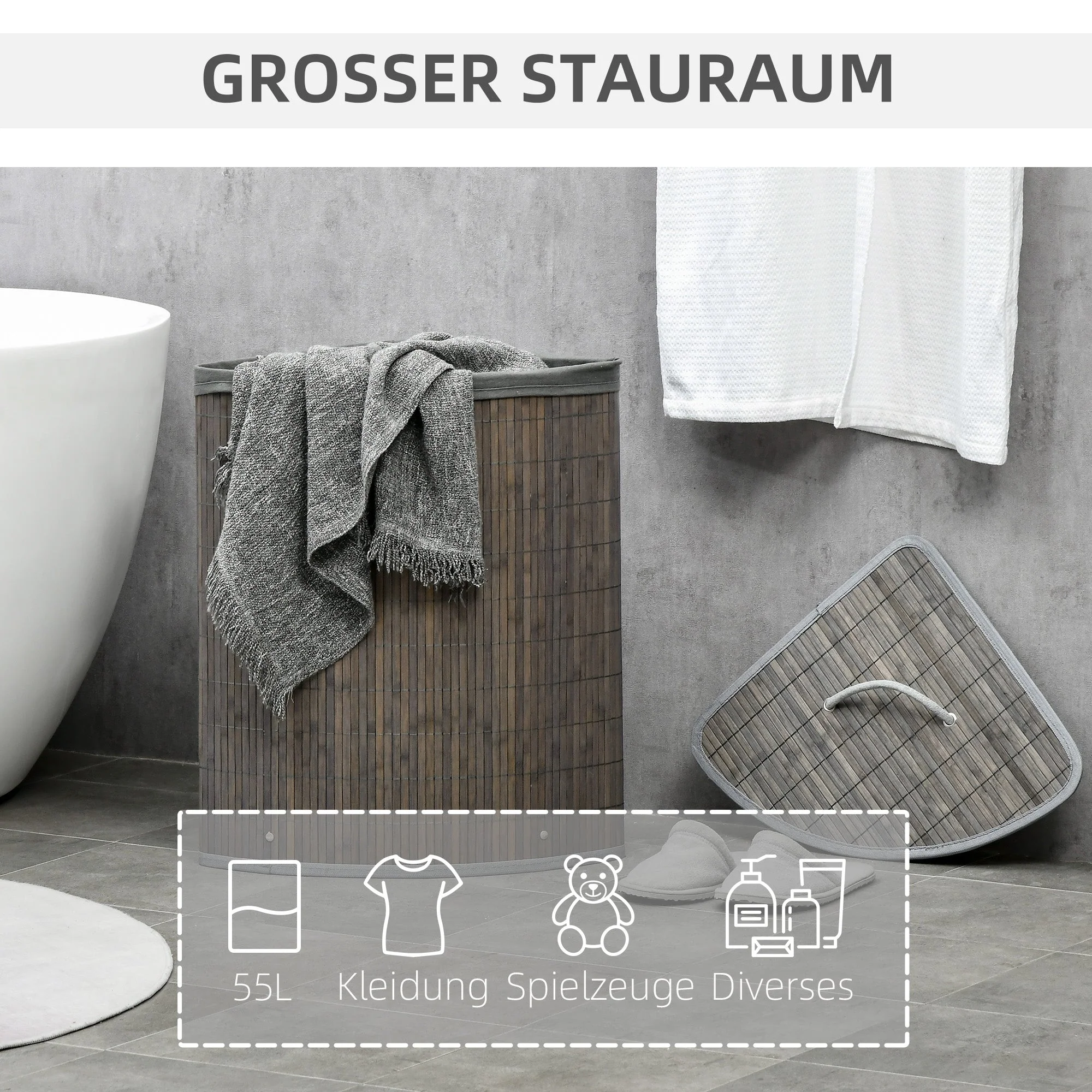 Laundry Basket 55L with Lid and Removable Bag, Grey Bamboo - Image 4