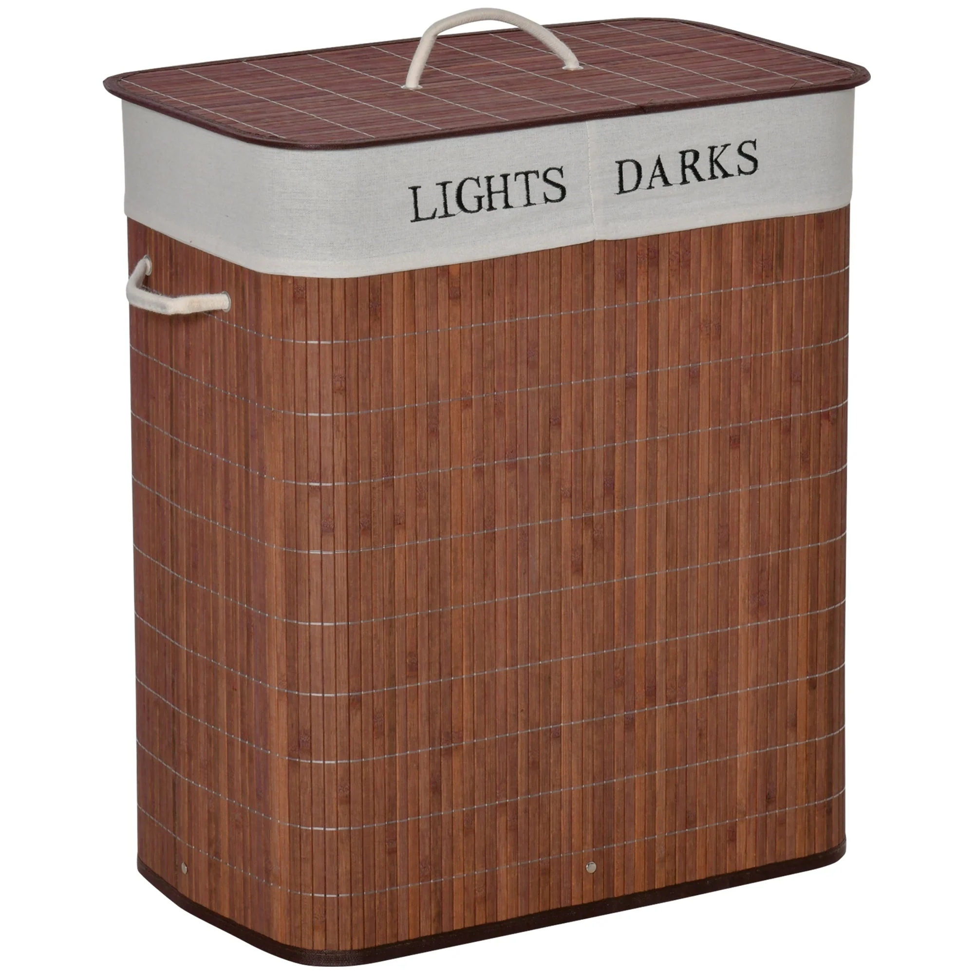 Laundry Basket Hamper 100L 3 Handles Washable Bag, Bamboo Cotton Metal Brown+White - Image 2