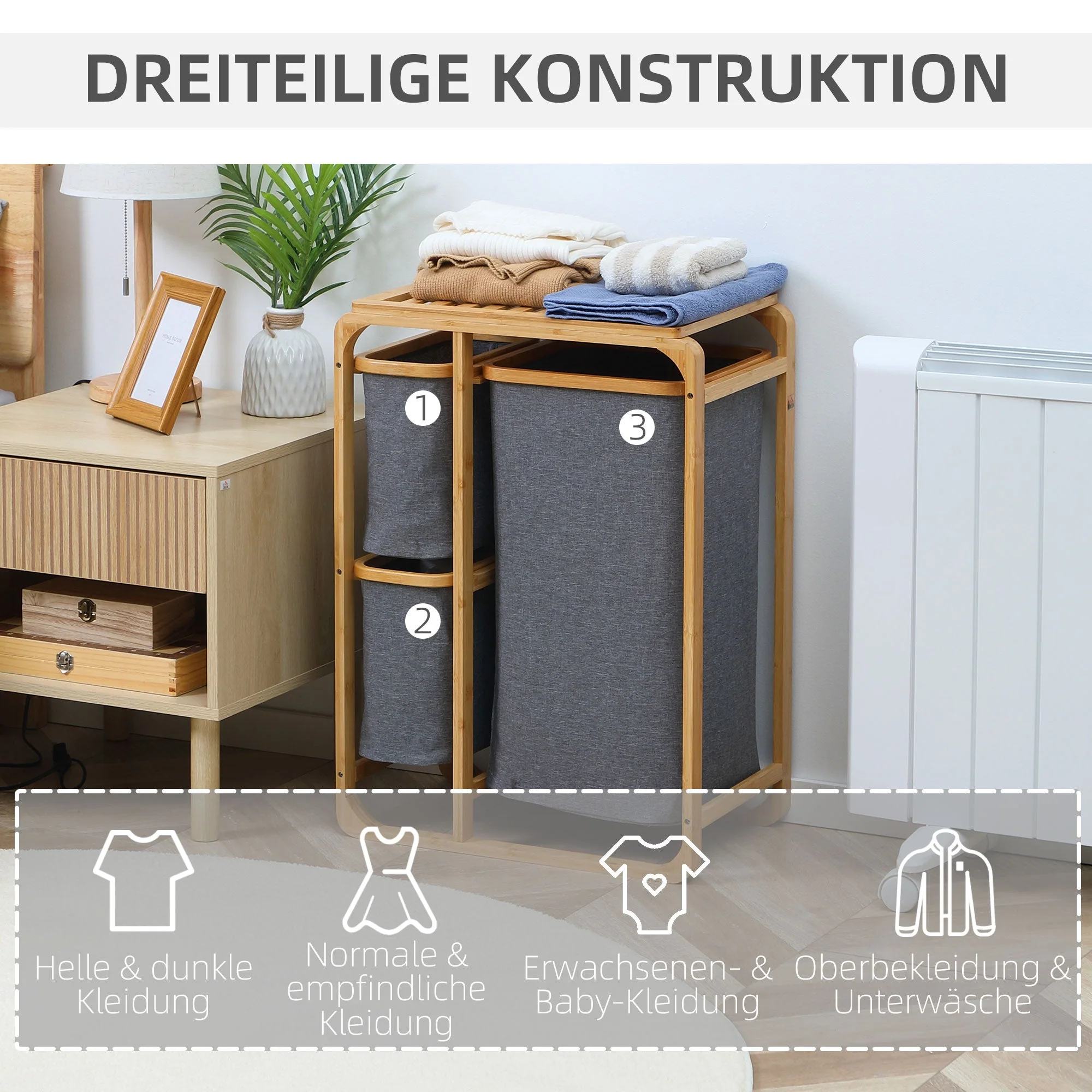 Laundry Basket, Platform Laundry Collector with 3 Removable Bags, Grey+Natural Bamboo - Image 6