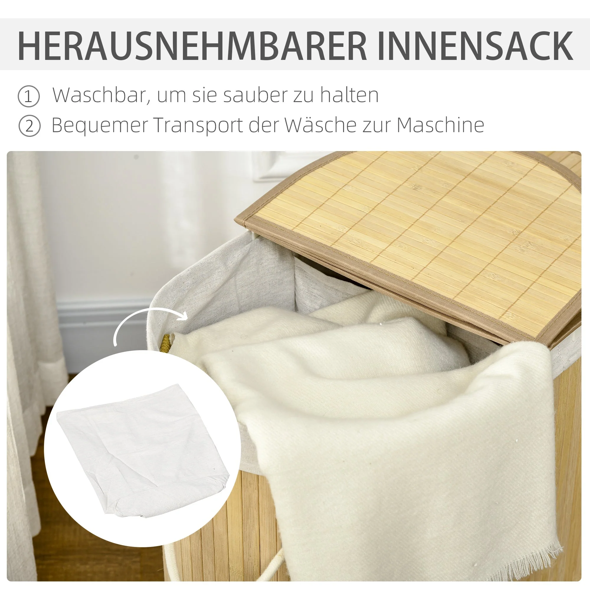 Laundry Basket Sorter 2-Section Removable Lid Natural Bamboo - Image 5