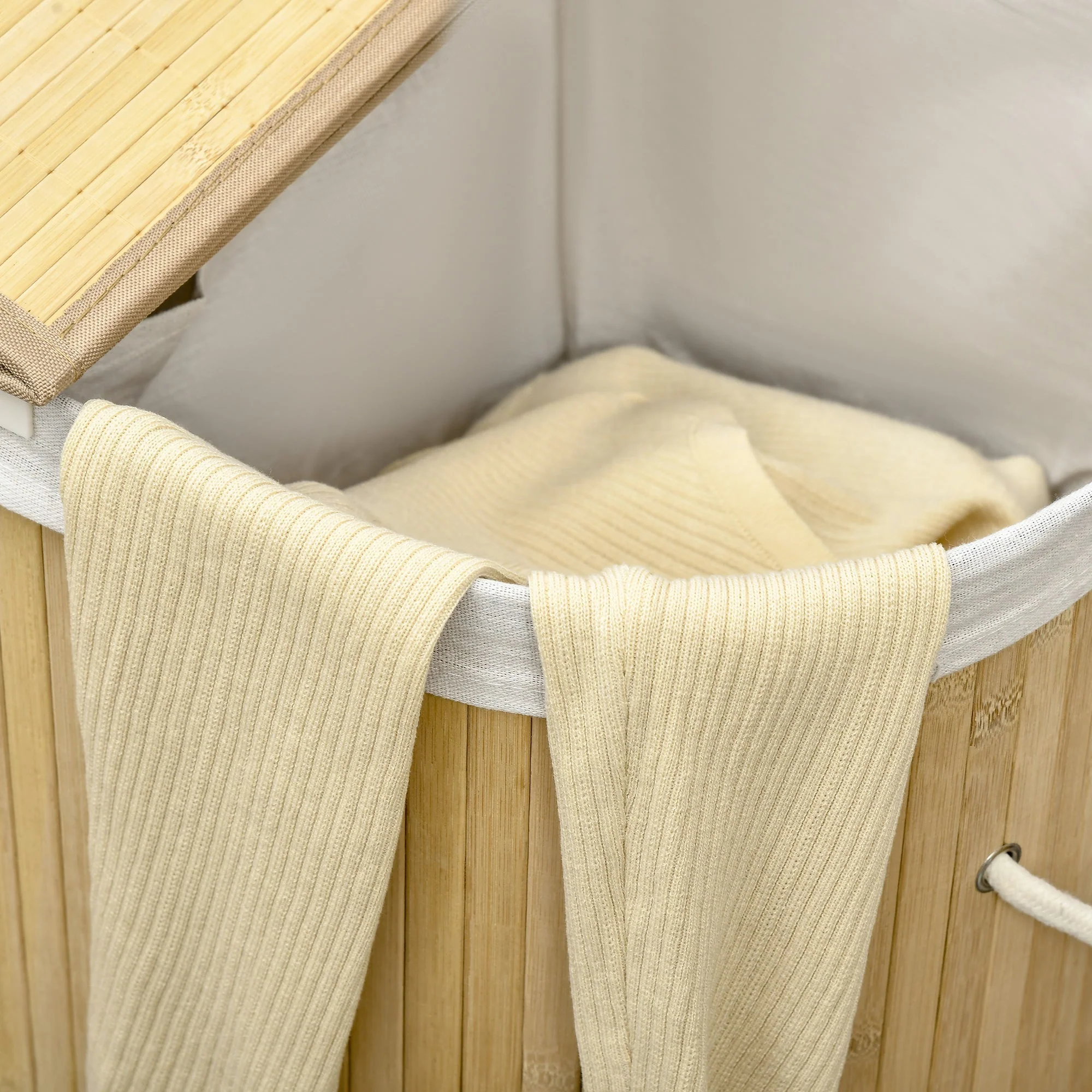 Laundry Basket Sorter 2-Section Removable Lid Natural Bamboo - Image 8