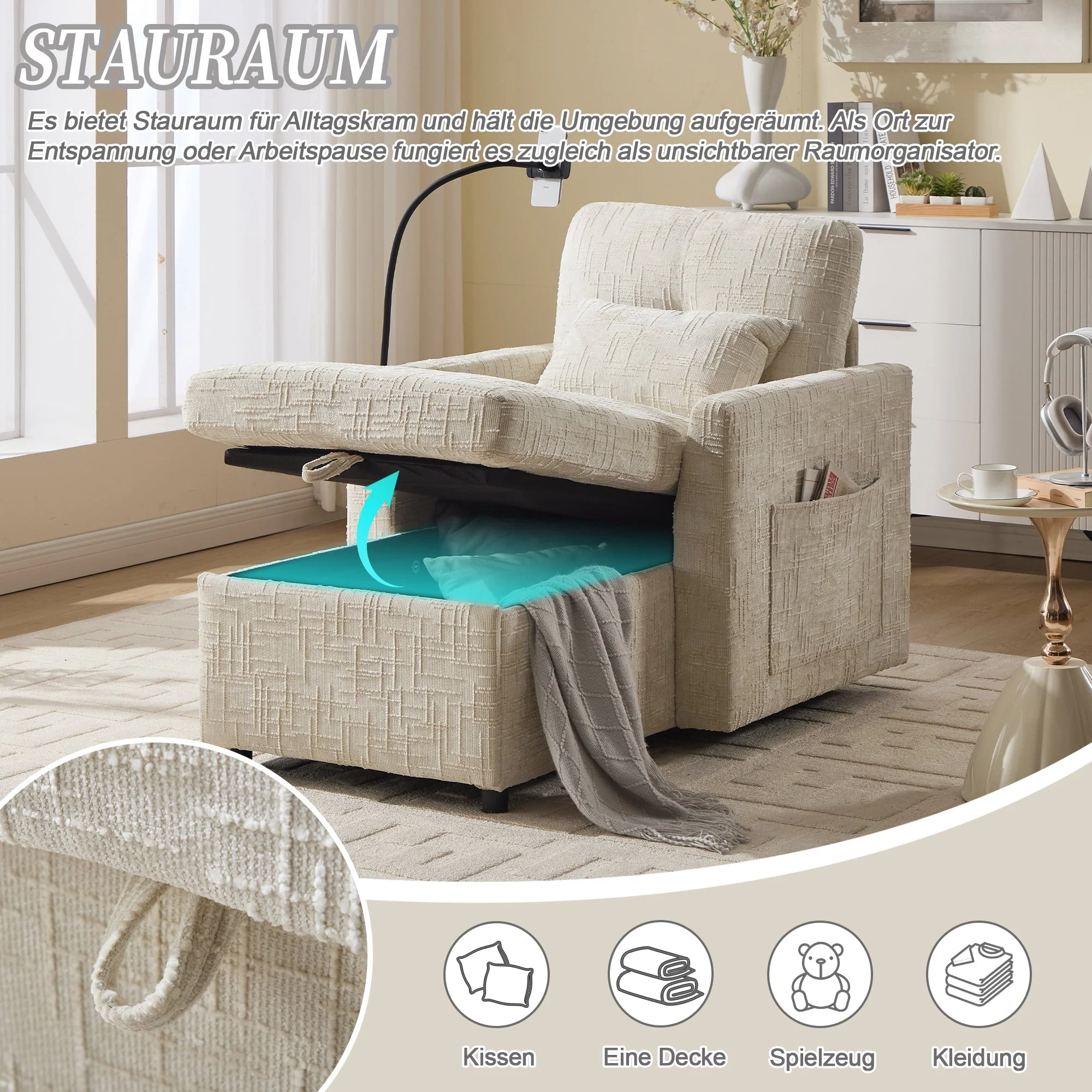Lazy Sofa, Multifunctional Stowable Backrest with Phone Holder, Chenille - Image 4