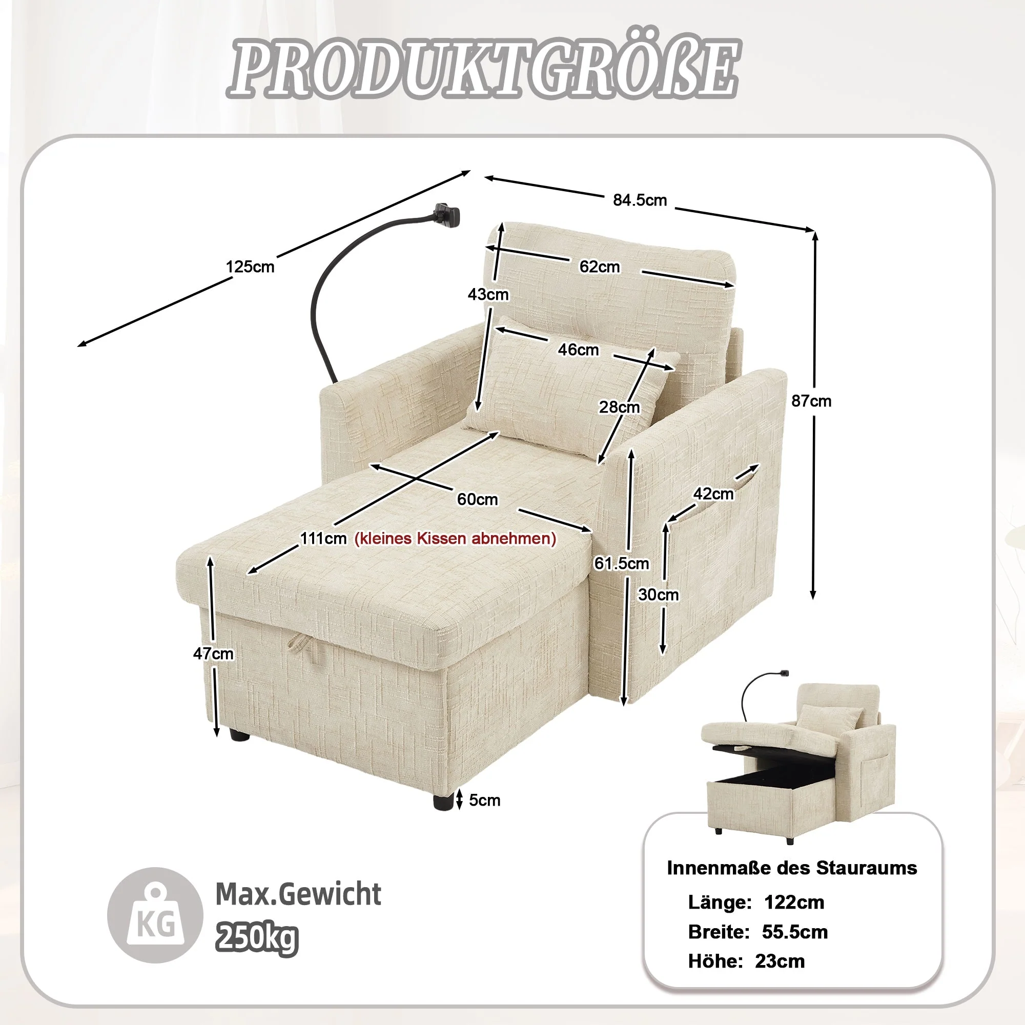 Lazy Sofa, Multifunctional Stowable Backrest with Phone Holder, Chenille - Image 6