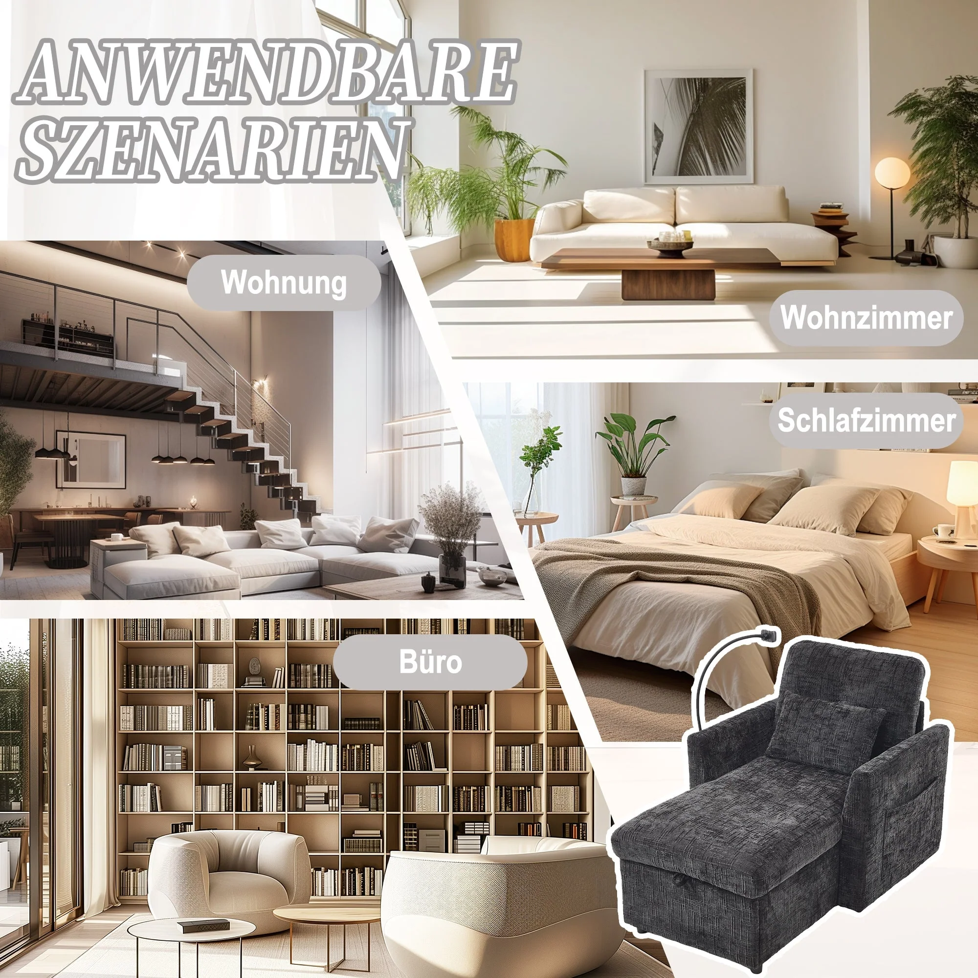 Lazy Sofa, Multifunctional with Phone Holder & Stowable Backrest, Chenille - Image 3