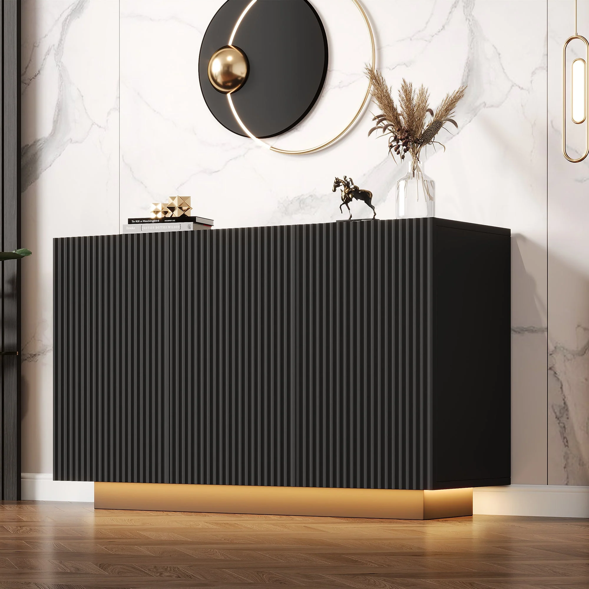 LED Chest of Drawers, Modern Design Sideboard with Lighting, 120cm, Black Marble Look - Image 8