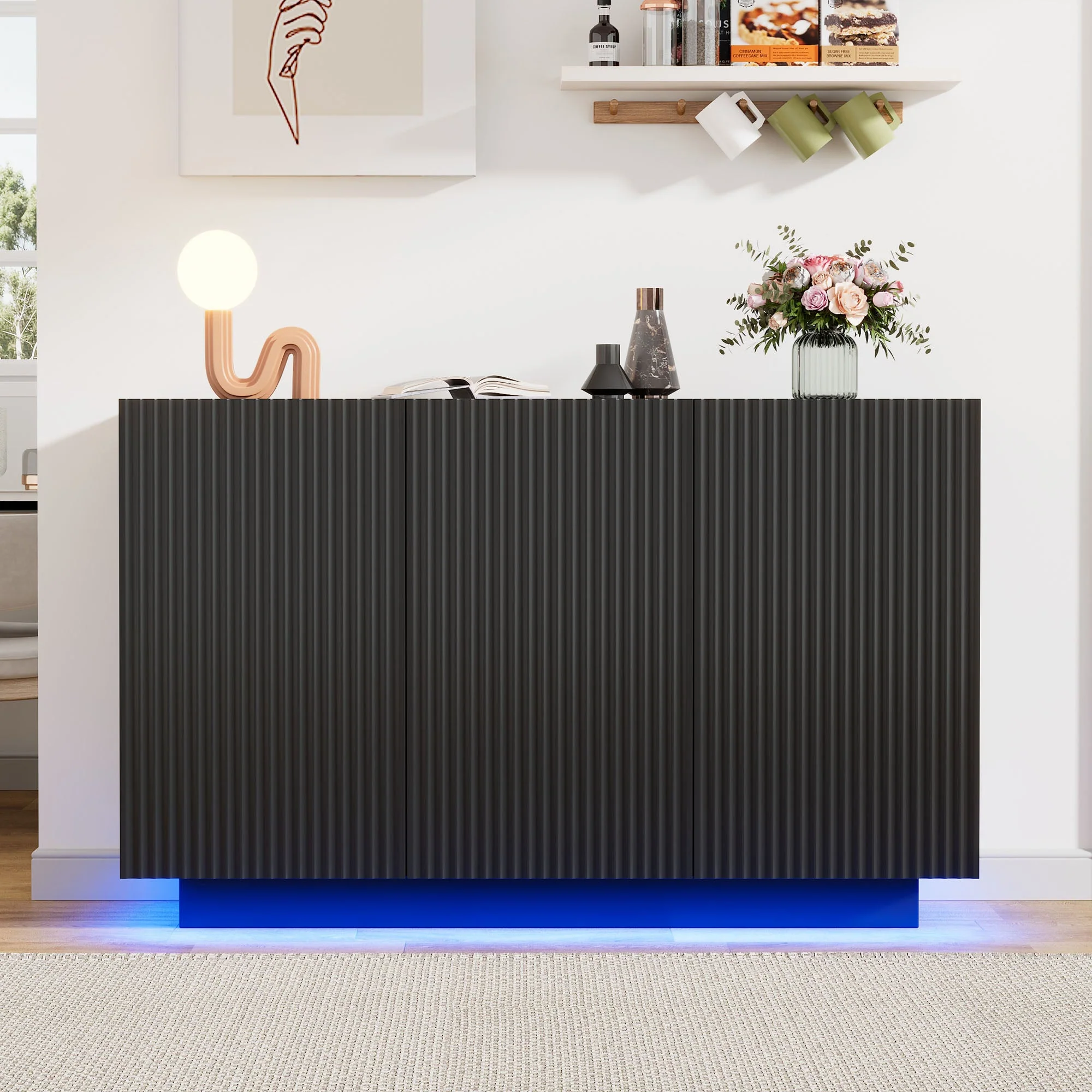LED Chest of Drawers, Modern Design Sideboard with Lighting, 120cm, Black Marble Look - Image 9