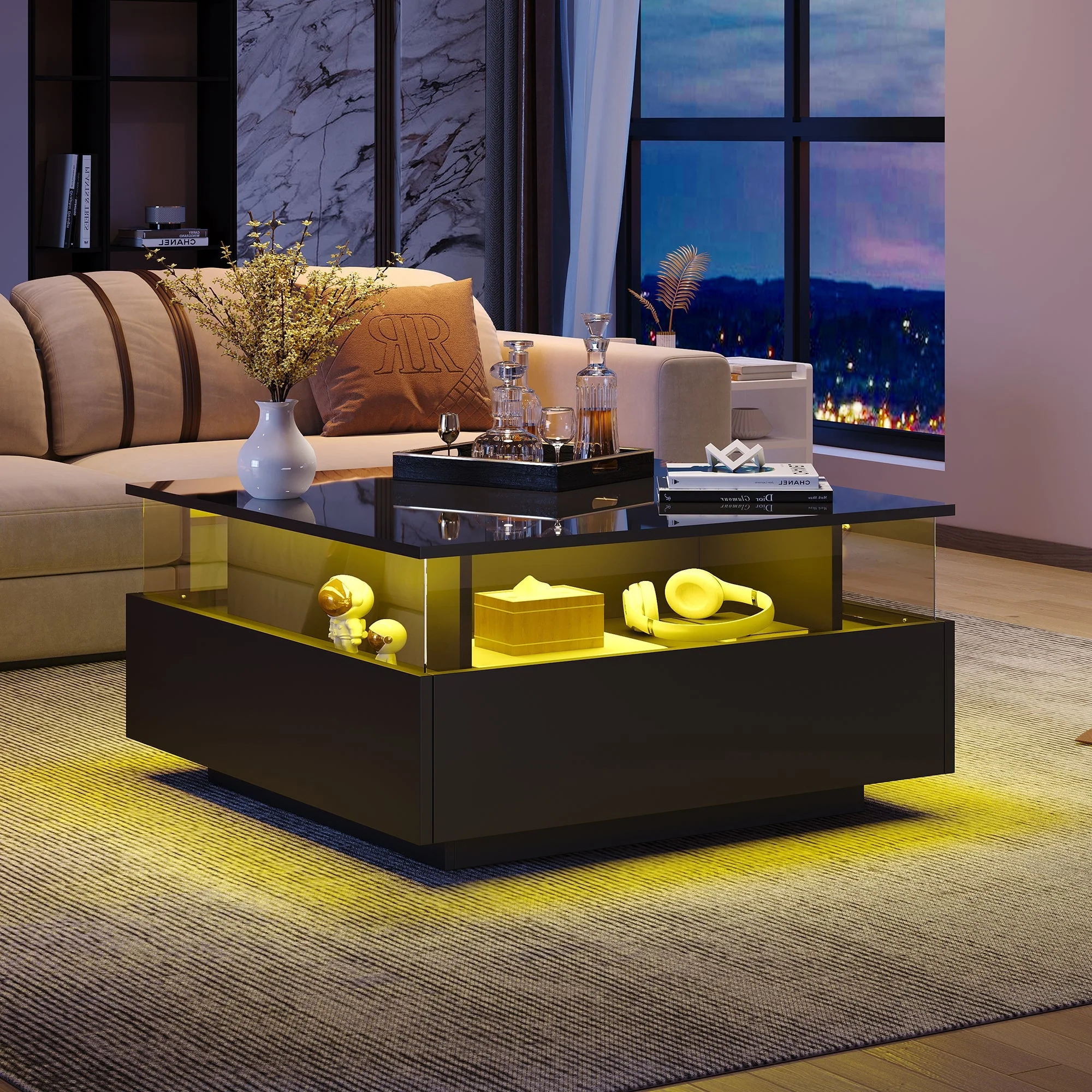 LED Coffee Table 70x70x41cm, 2 Drawers, Transparent Area, High-Gloss - Image 5