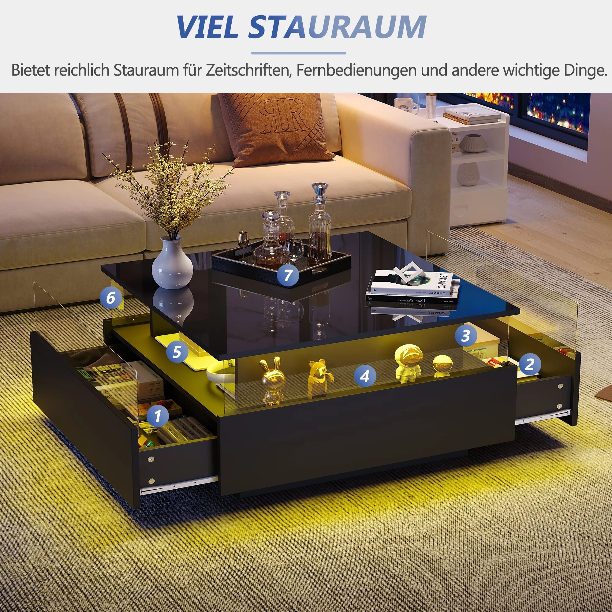 LED Coffee Table 70x70x41cm, 2 Drawers, Transparent Area, High-Gloss - Image 9