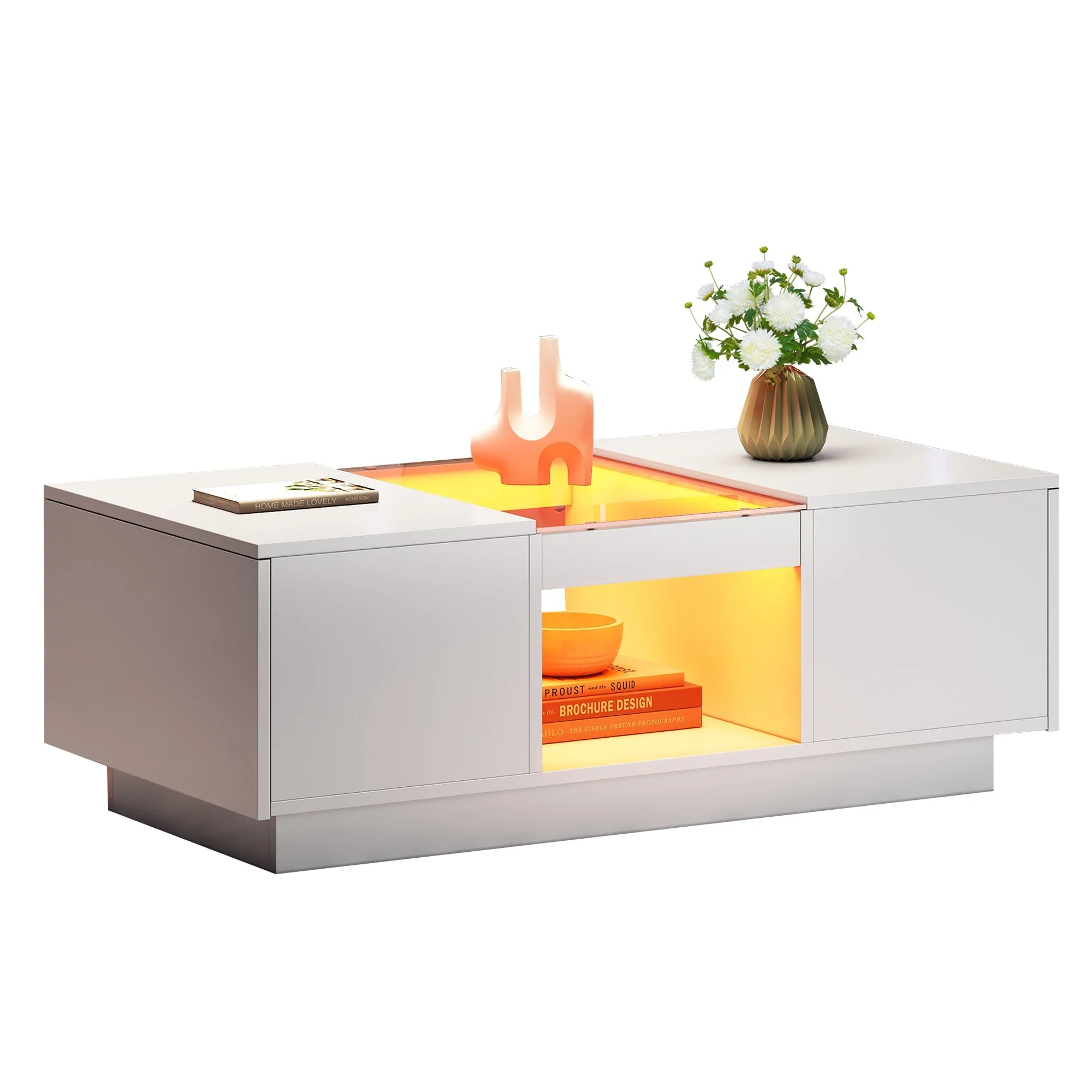 LED Coffee Table for Living Room, Modern Coffee Table with Storage with LED Lights, 2 Tiers and 2 Drawers, Large Living Room Center Tables White - Image 4
