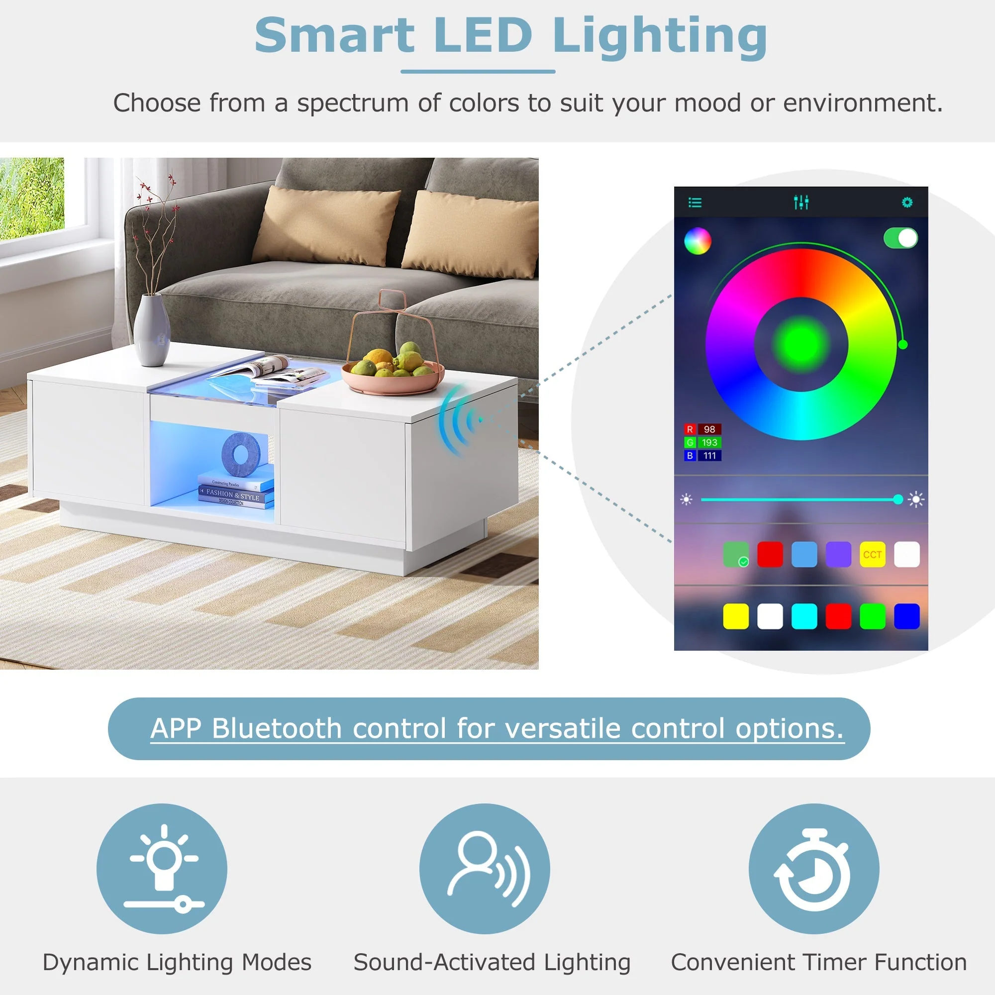 LED Coffee Table for Living Room, Modern Coffee Table with Storage with LED Lights, 2 Tiers and 2 Drawers, Large Living Room Center Tables White - Image 5
